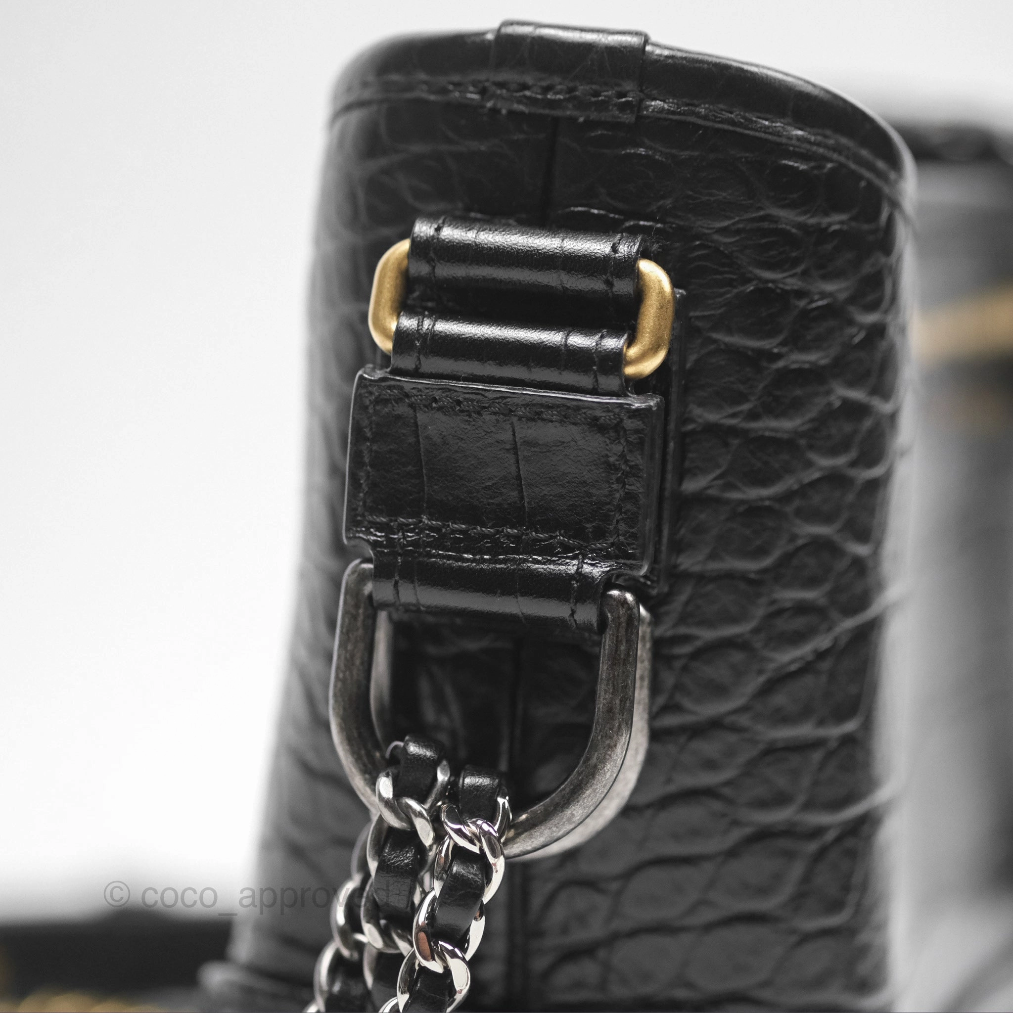 Chanel Small Gabrielle Hobo with Logo Handle Quilted Black Croc Embossed Calfskin