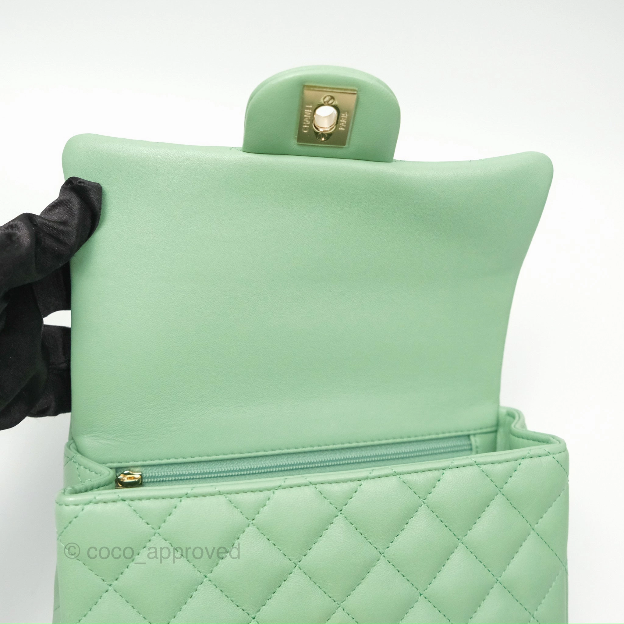 Chanel Top Handle Mini Rectangular Flap Bag Avocado Green Lambskin Gold Hardware