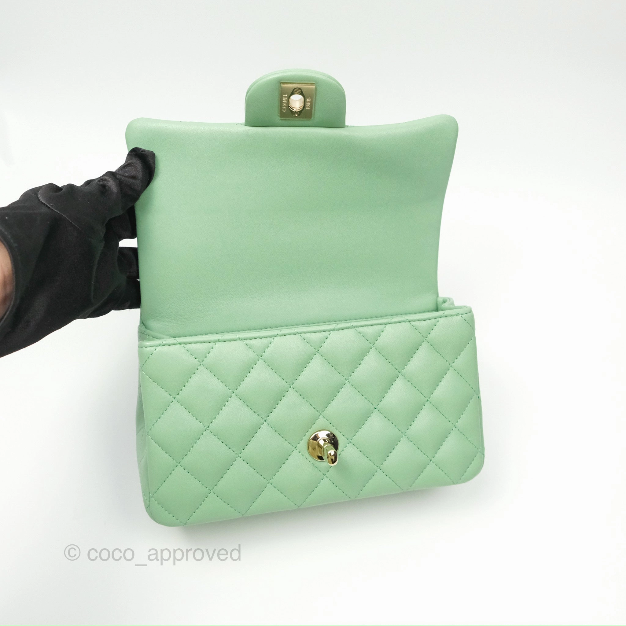 Chanel Top Handle Mini Rectangular Flap Bag Avocado Green Lambskin Gold Hardware
