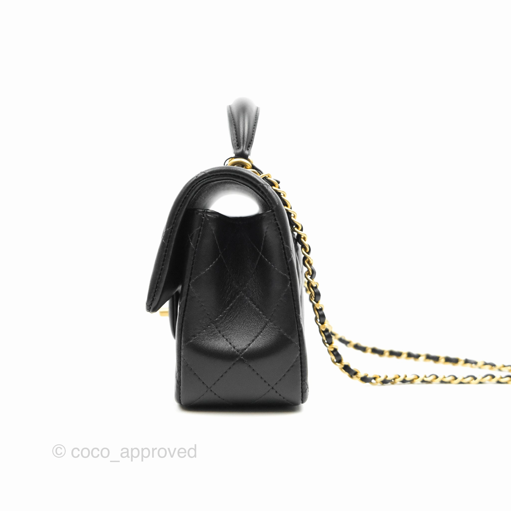 Chanel Top Handle Mini Rectangular Flap Bag Black Lambskin Aged Gold Hardware 21A