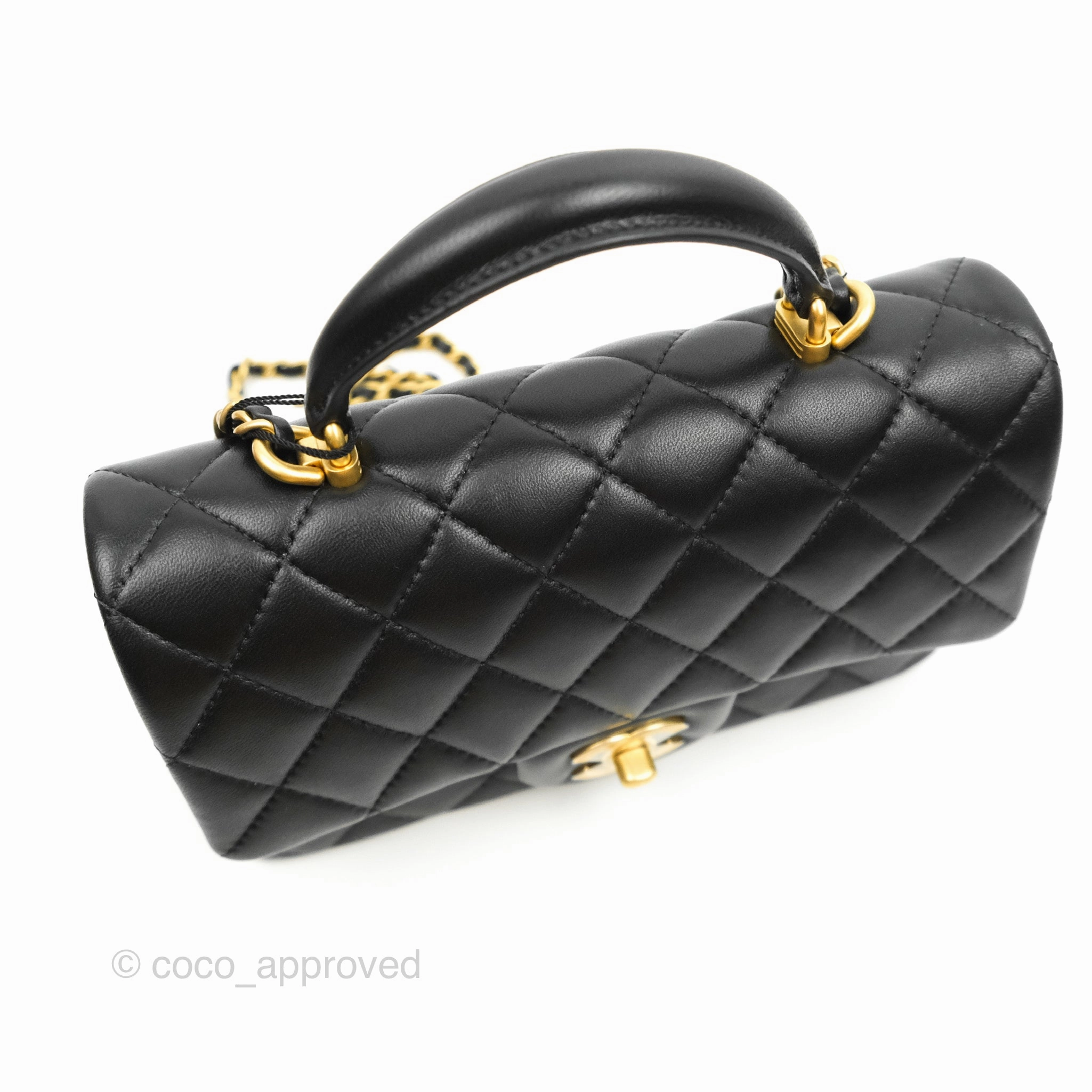 Chanel Top Handle Mini Rectangular Flap Bag Black Lambskin Aged Gold Hardware 21A