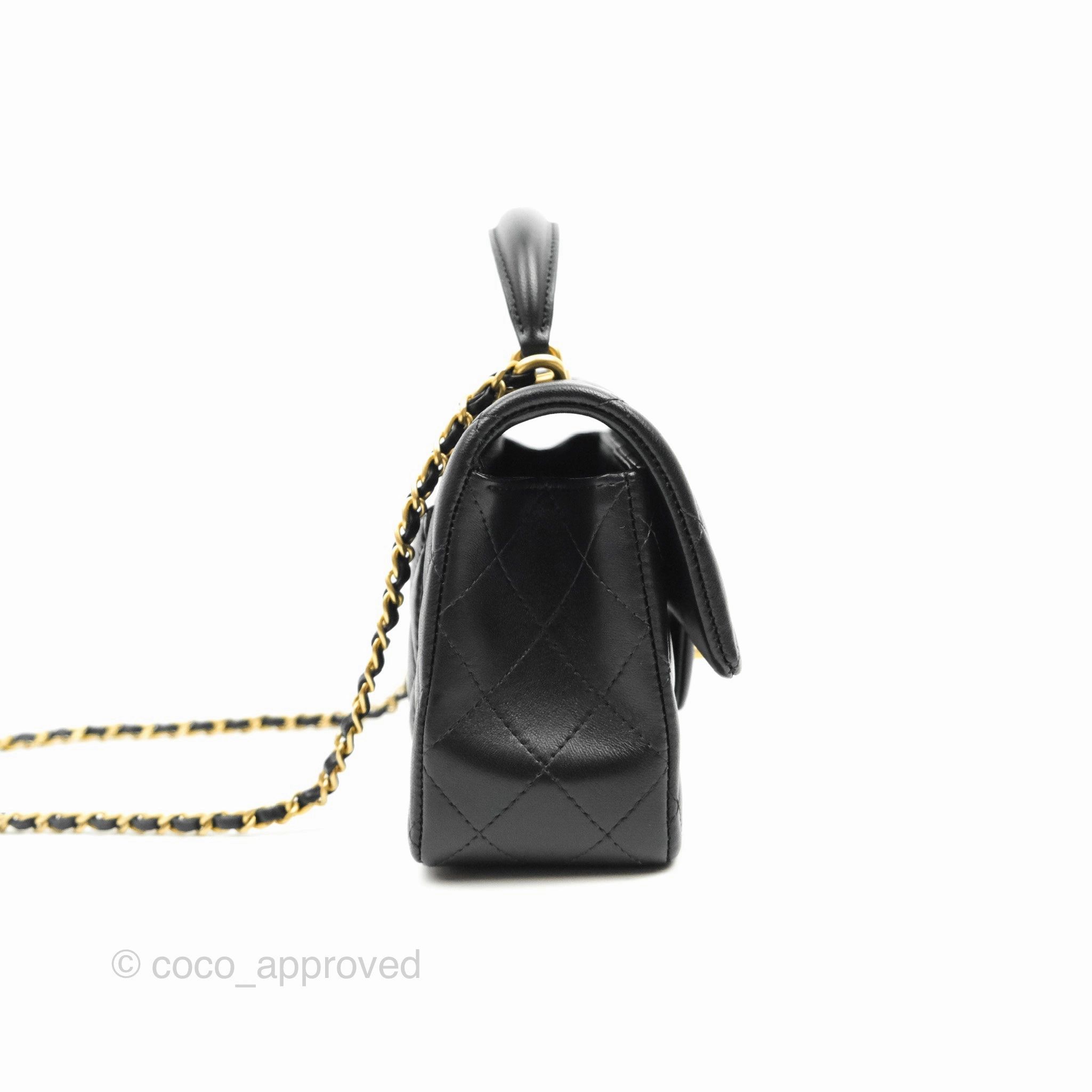 Chanel Top Handle Mini Rectangular Flap Bag Black Lambskin Aged Gold Hardware 21A