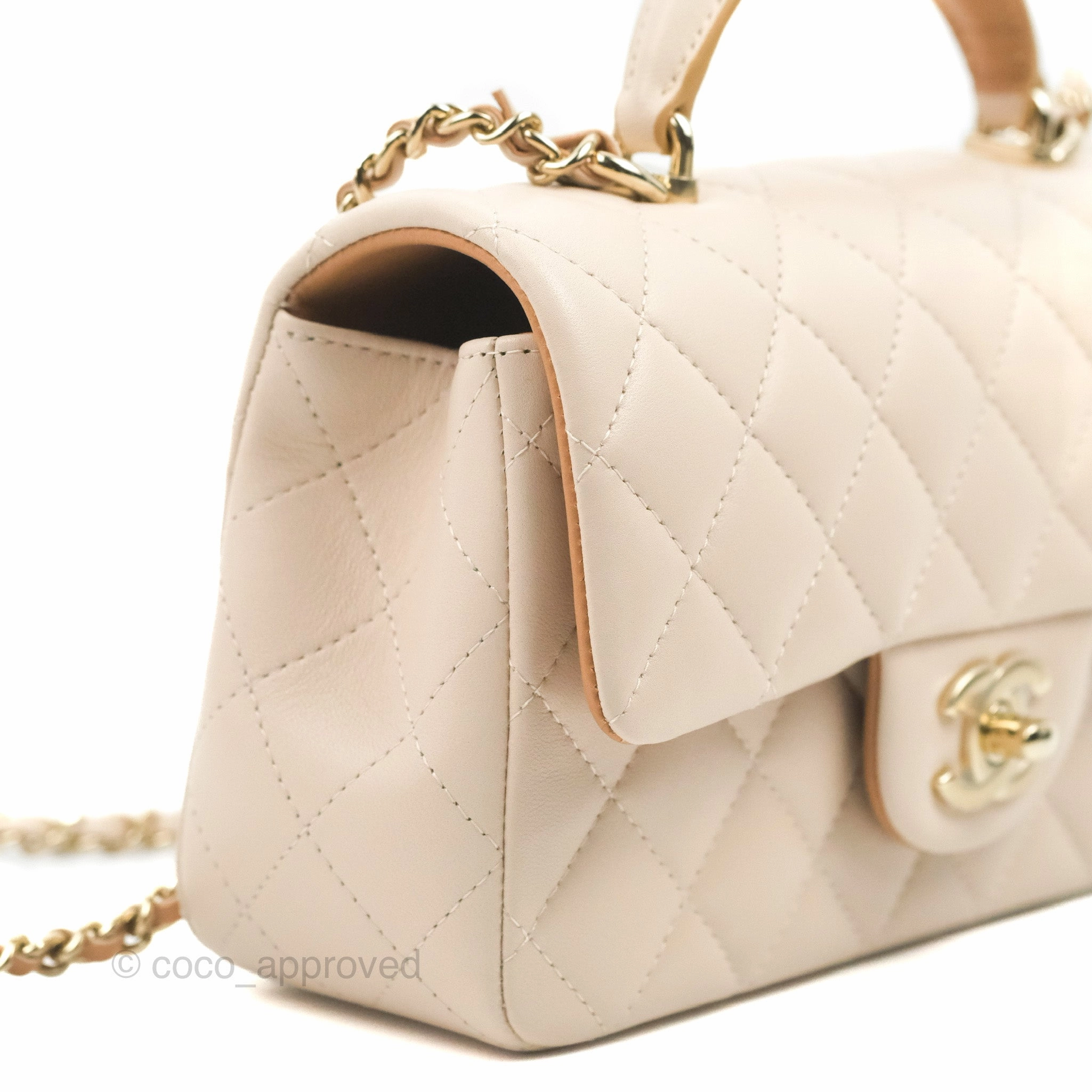 Chanel Top Handle Mini Rectangular Flap Bag Ecru/Beige Lambskin Gold Hardware 23P