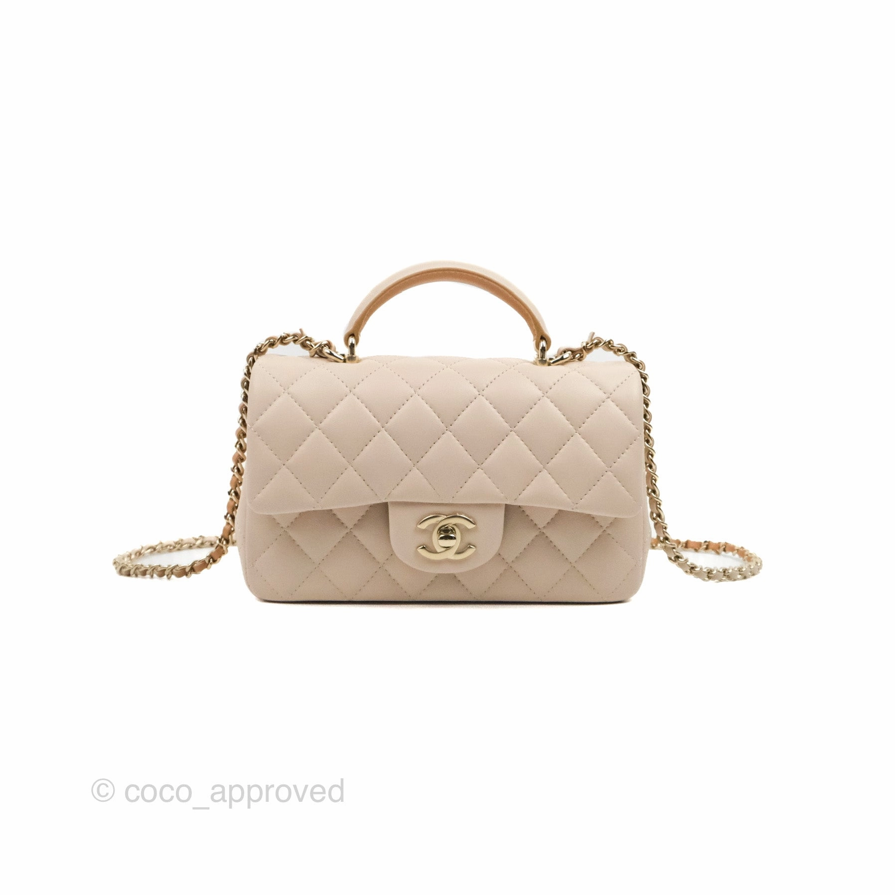 Chanel Top Handle Mini Rectangular Flap Bag Ecru/Beige Lambskin Gold Hardware 23P