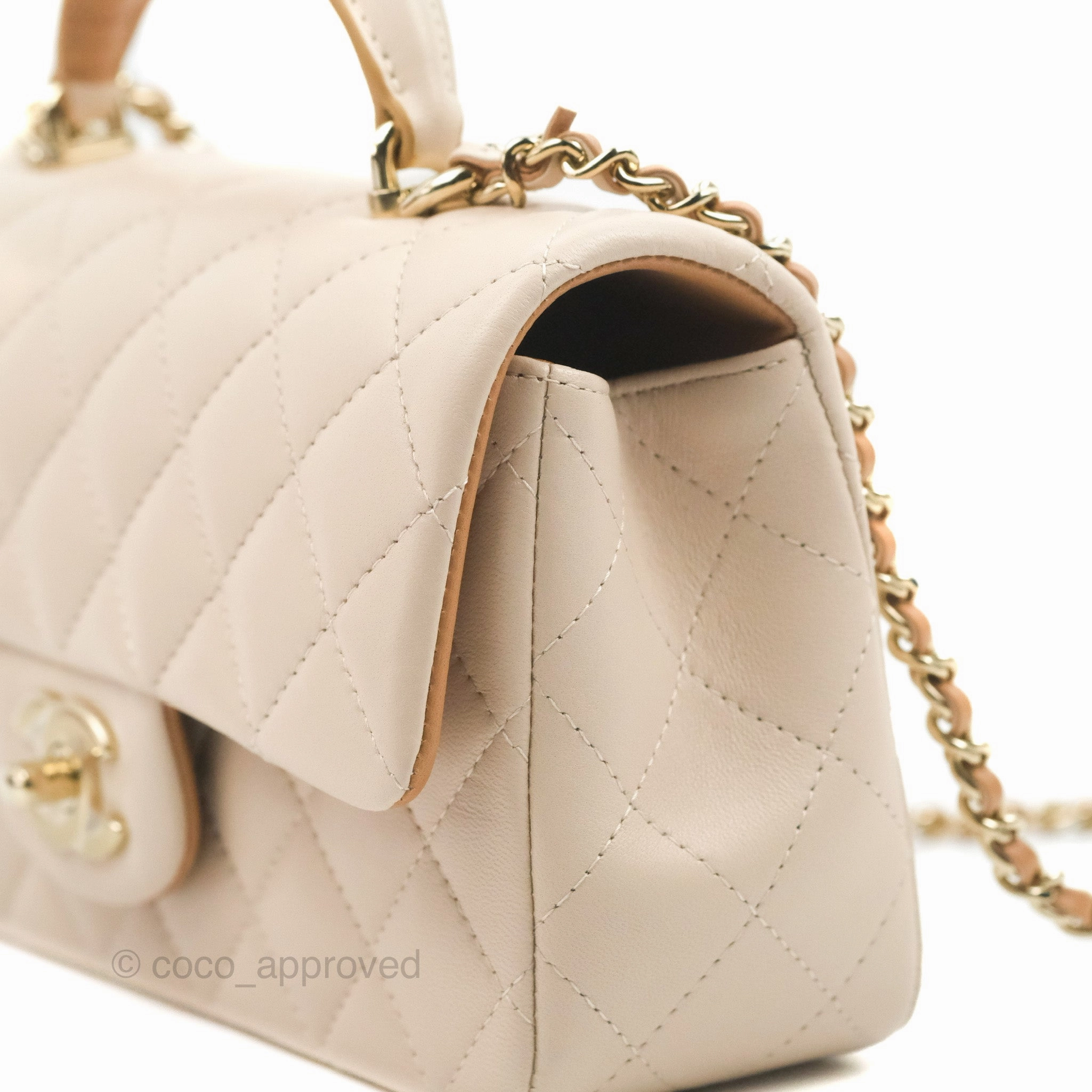 Chanel Top Handle Mini Rectangular Flap Bag Ecru/Beige Lambskin Gold Hardware 23P