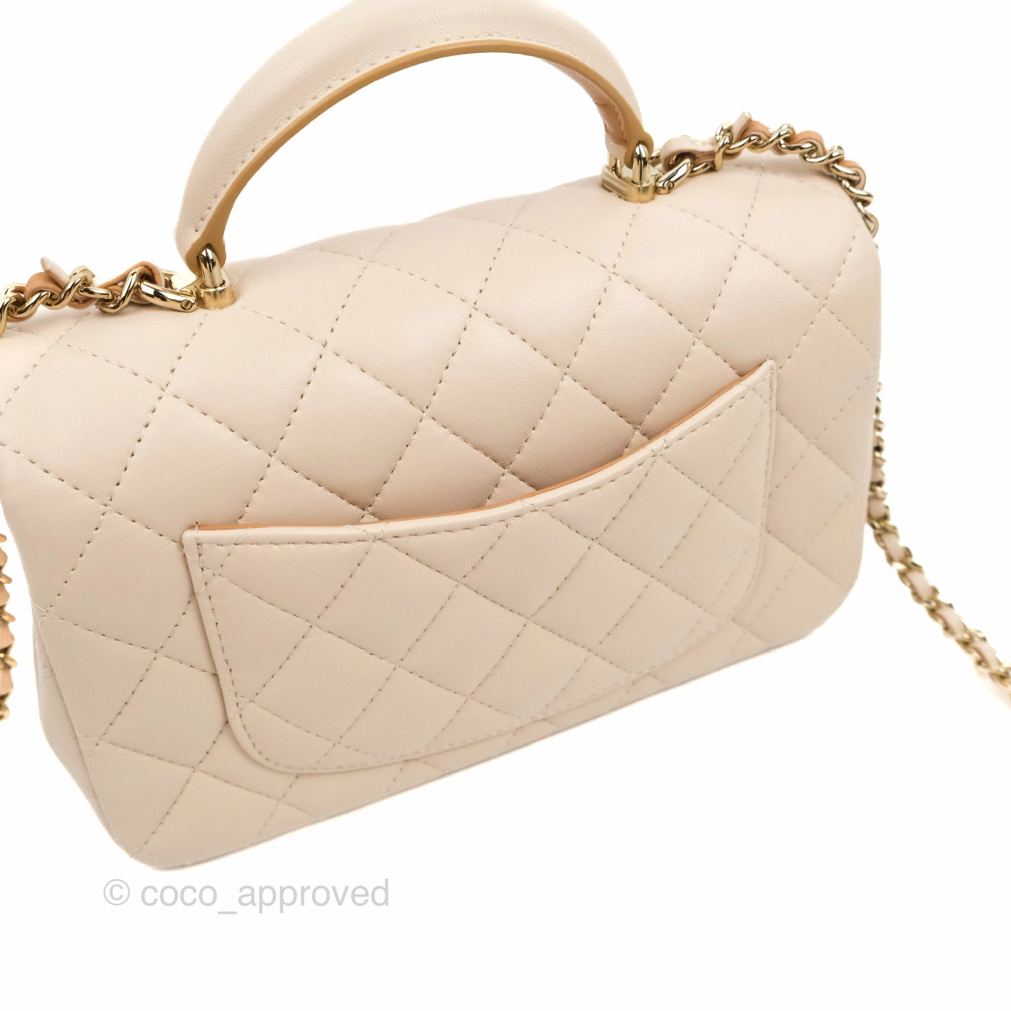 Chanel Top Handle Mini Rectangular Flap Bag Ecru/Beige Lambskin Gold Hardware 23P