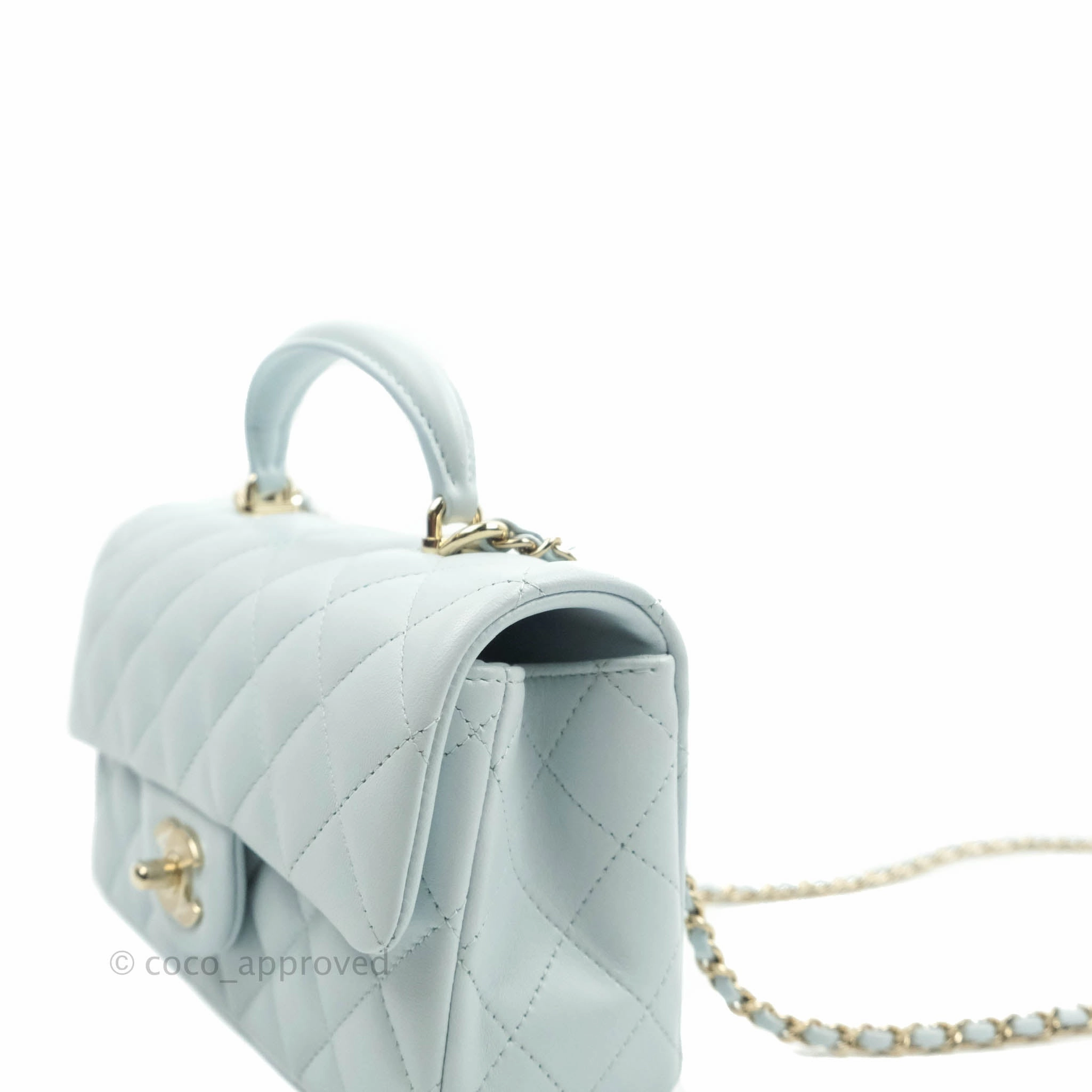 Chanel Top Handle Mini Rectangular Flap Bag Light Blue Lambskin Gold Hardware