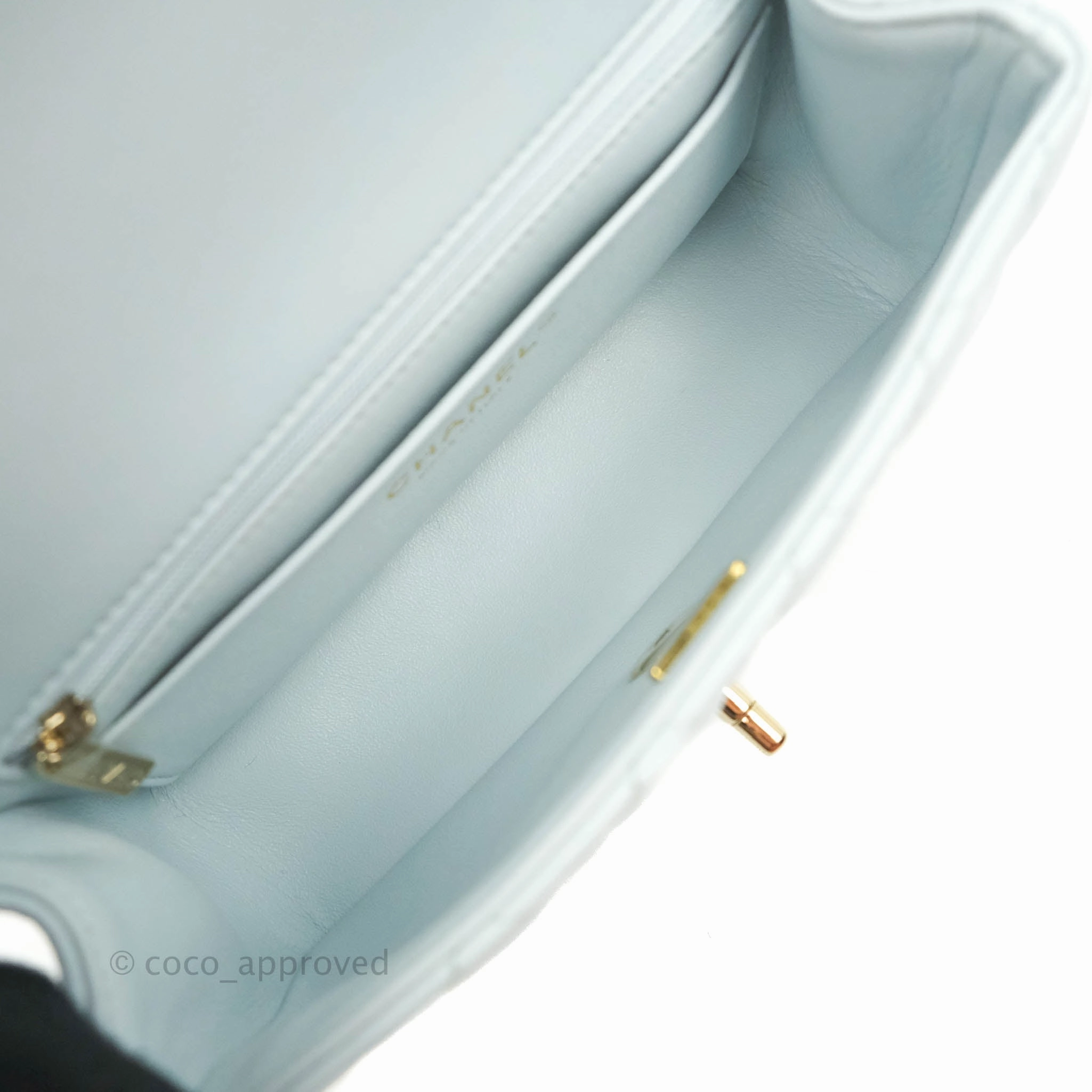 Chanel Top Handle Mini Rectangular Flap Bag Light Blue Lambskin Gold Hardware