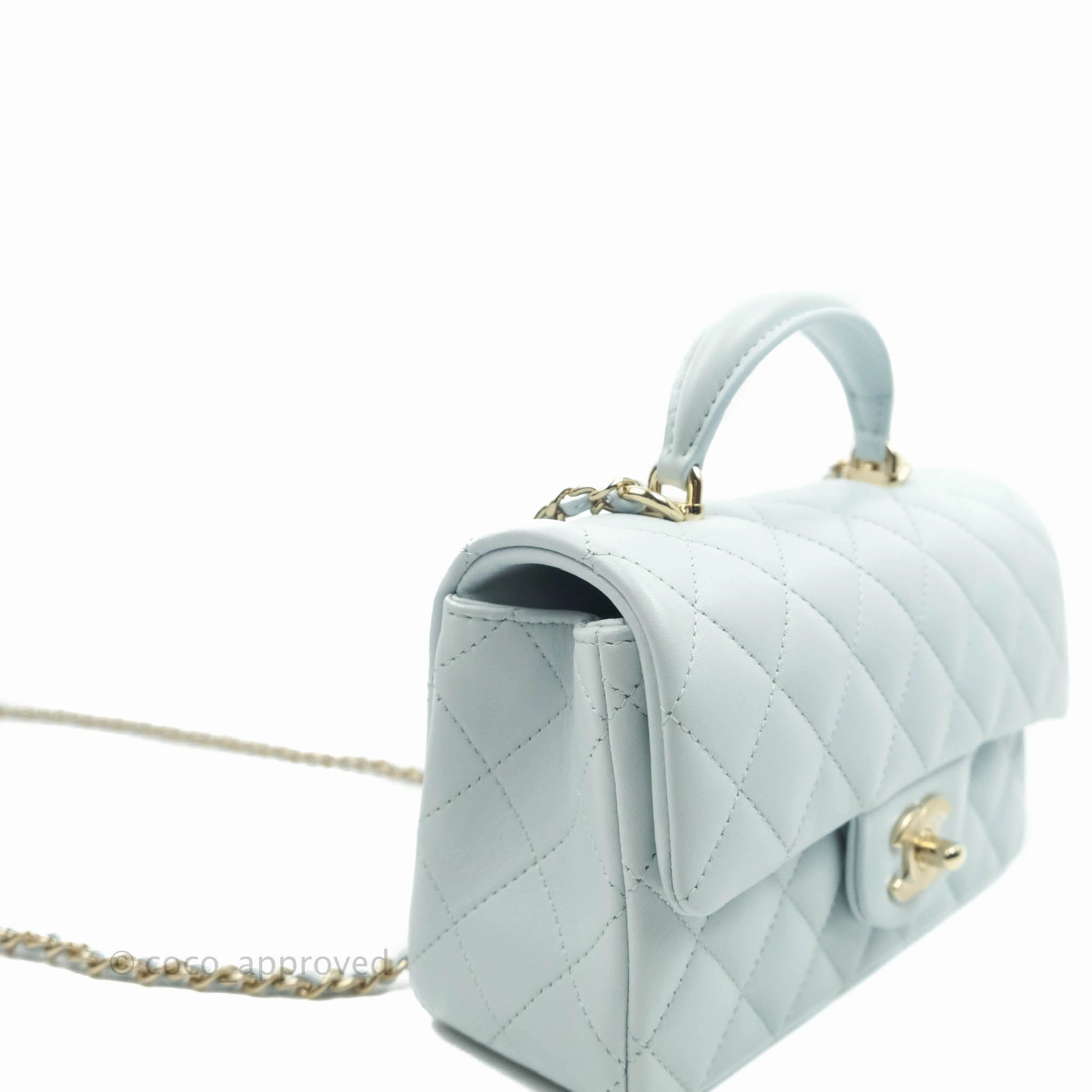 Chanel Top Handle Mini Rectangular Flap Bag Light Blue Lambskin Gold Hardware