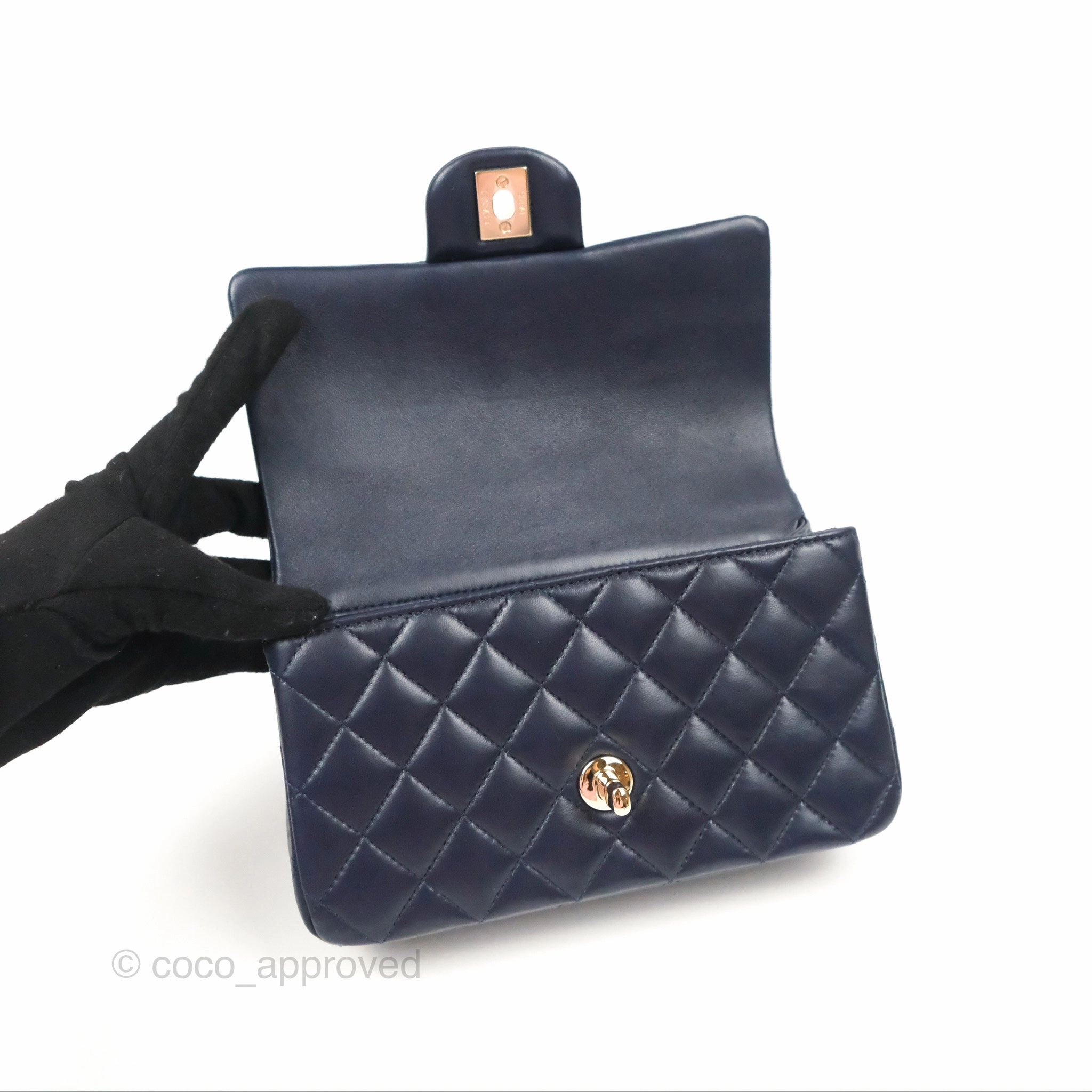 Chanel Top Handle Mini Rectangular Flap Bag Navy Lambskin Gold Hardware