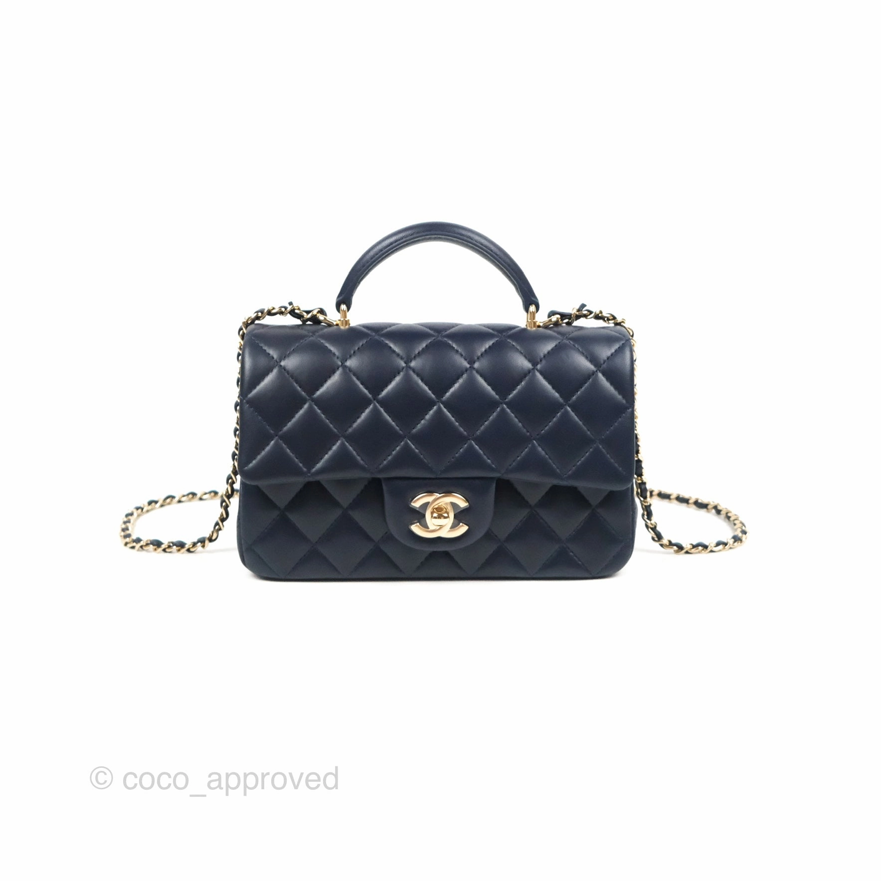 Chanel Top Handle Mini Rectangular Flap Bag Navy Lambskin Gold Hardware
