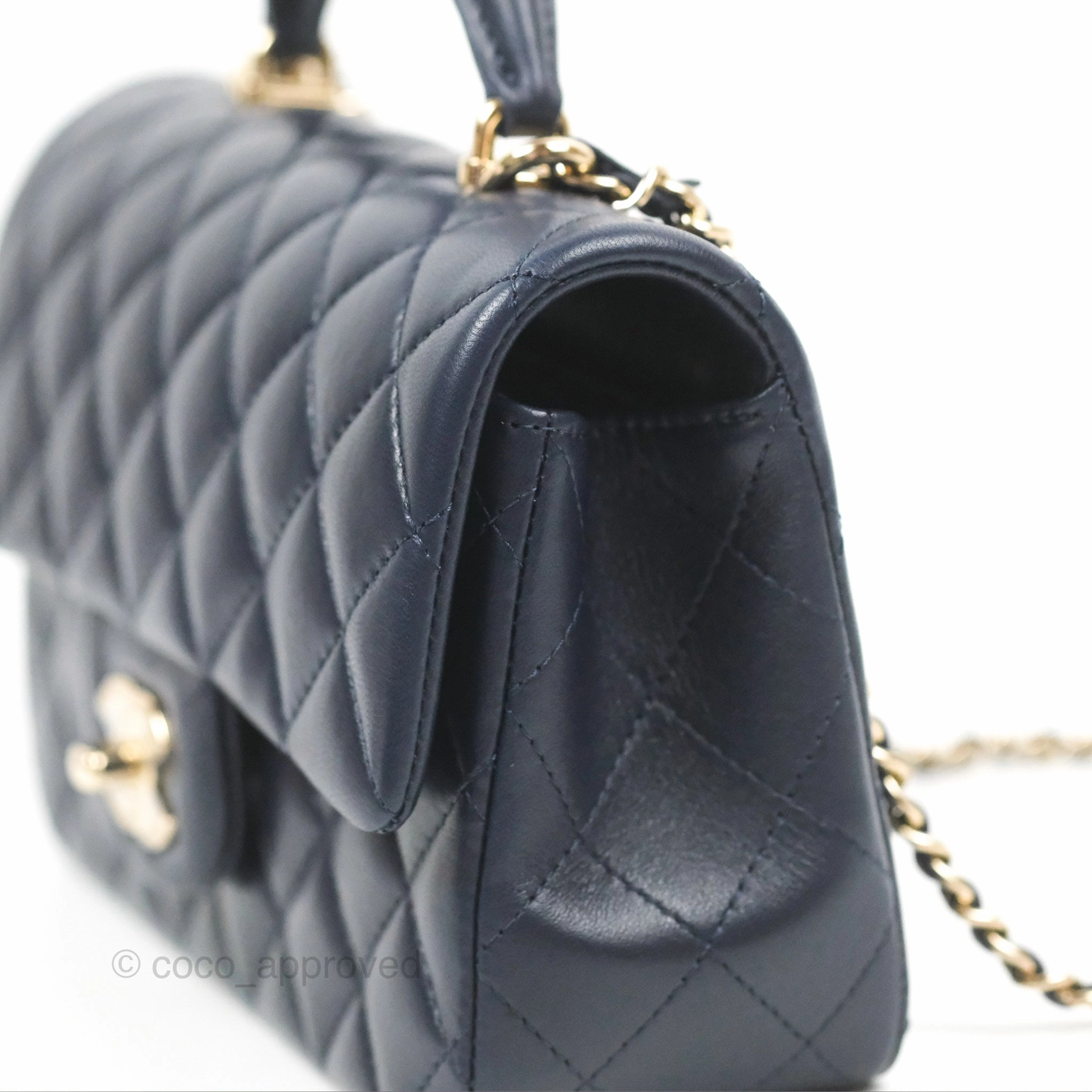 Chanel Top Handle Mini Rectangular Flap Bag Navy Lambskin Gold Hardware
