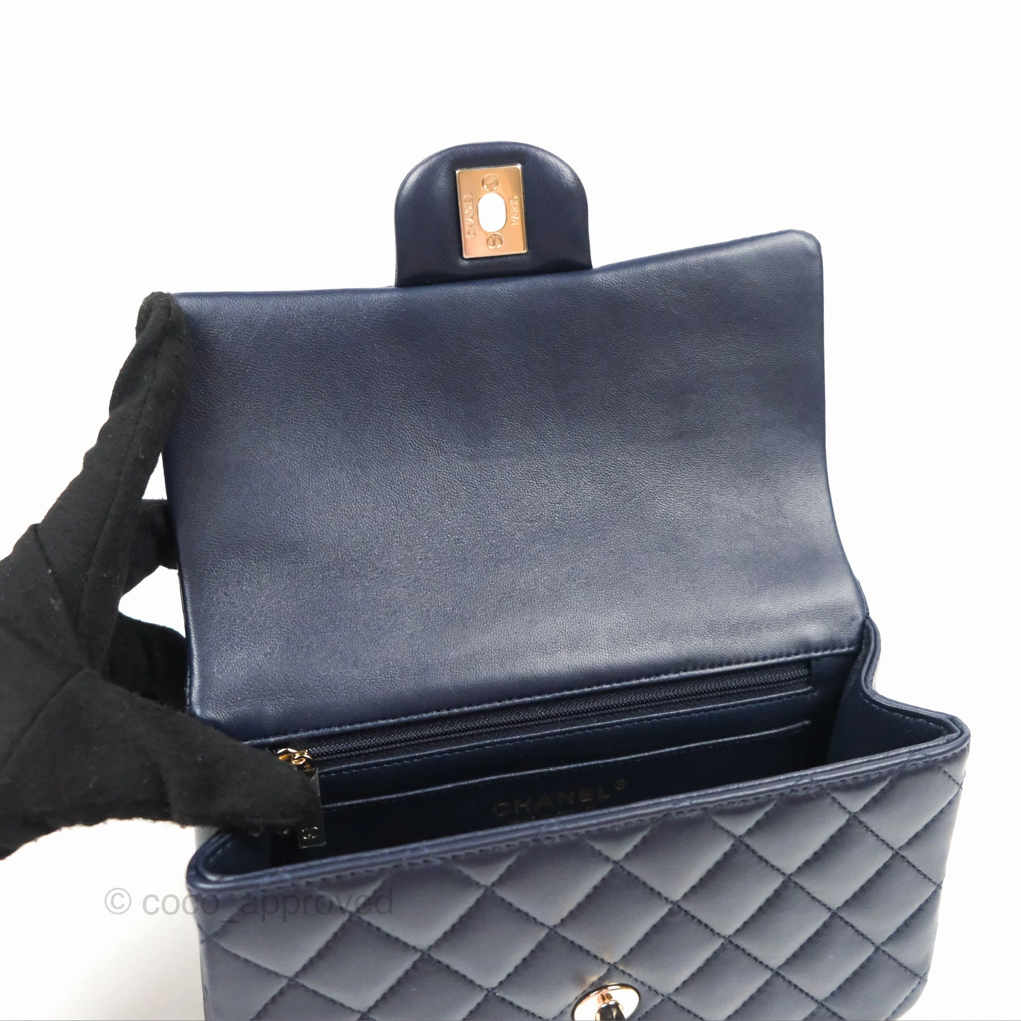 Chanel Top Handle Mini Rectangular Flap Bag Navy Lambskin Gold Hardware