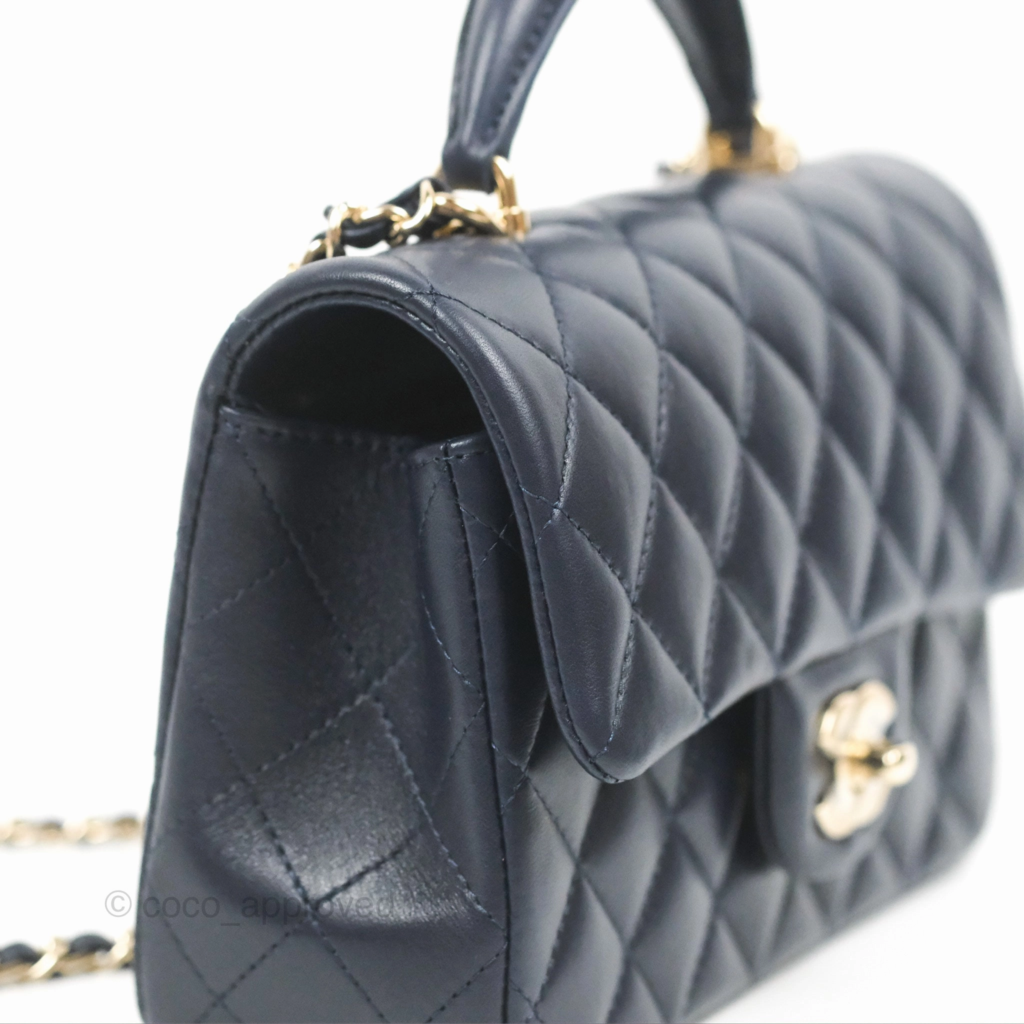 Chanel Top Handle Mini Rectangular Flap Bag Navy Lambskin Gold Hardware