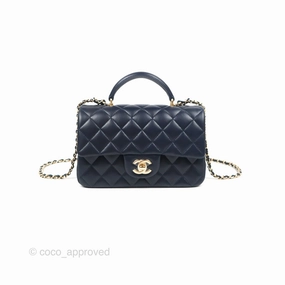 Chanel Top Handle Mini Rectangular Flap Bag Navy Lambskin Gold Hardware