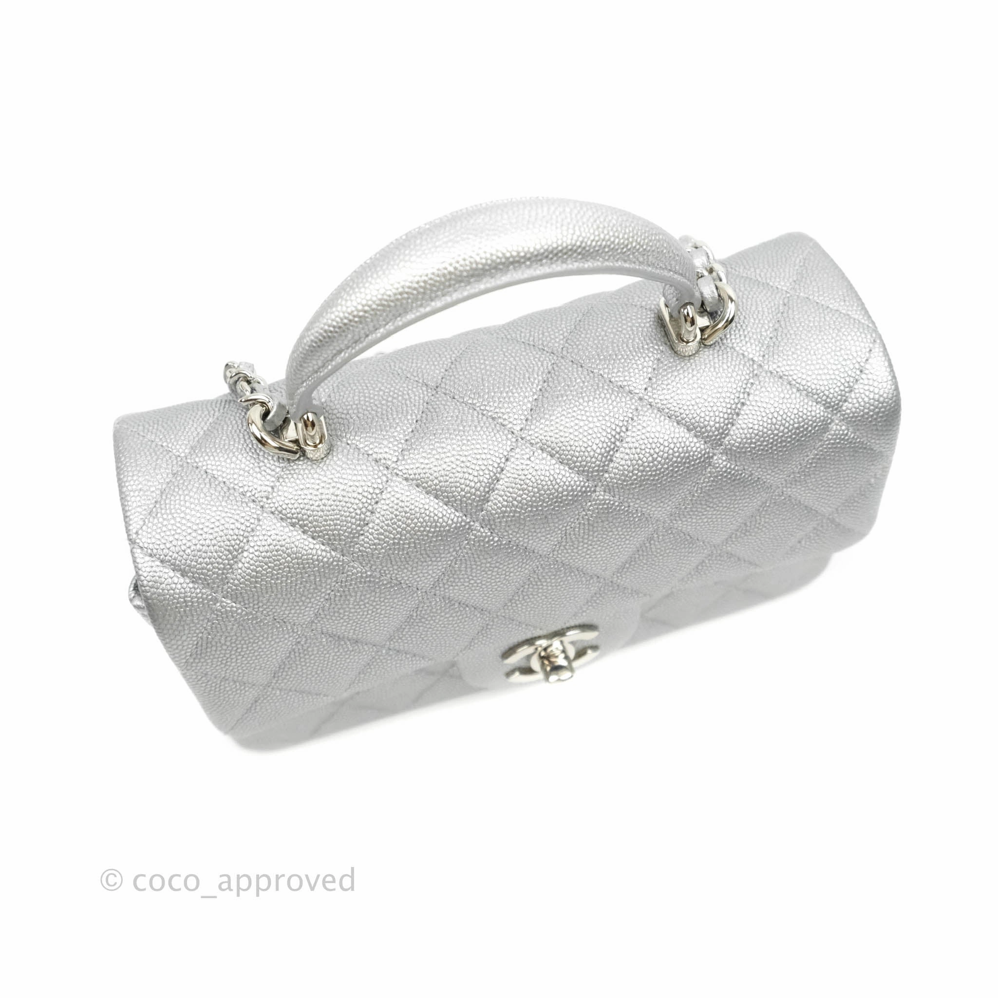 Chanel Top Handle Mini Rectangular Flap Bag Silver Caviar Silver Hardware