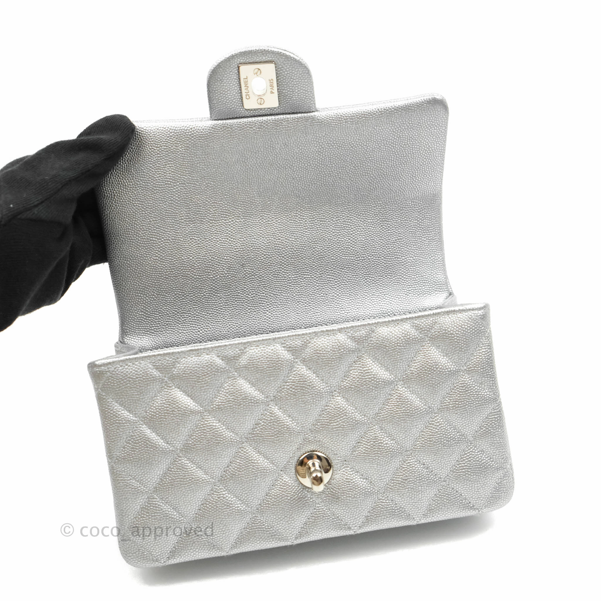 Chanel Top Handle Mini Rectangular Flap Bag Silver Caviar Silver Hardware