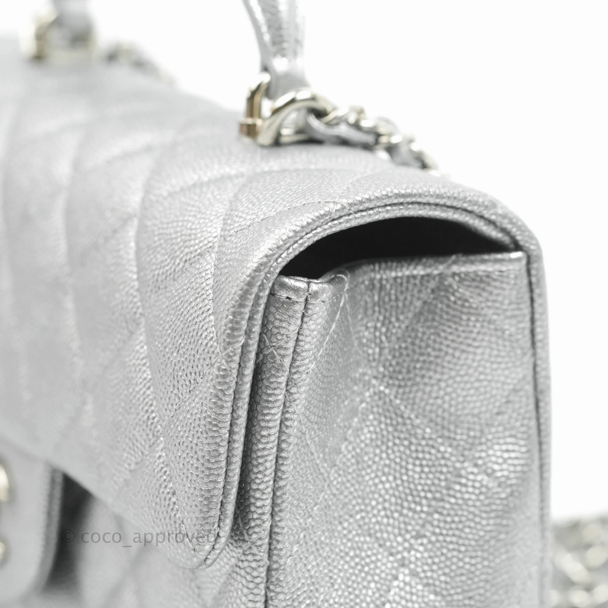 Chanel Top Handle Mini Rectangular Flap Bag Silver Caviar Silver Hardware