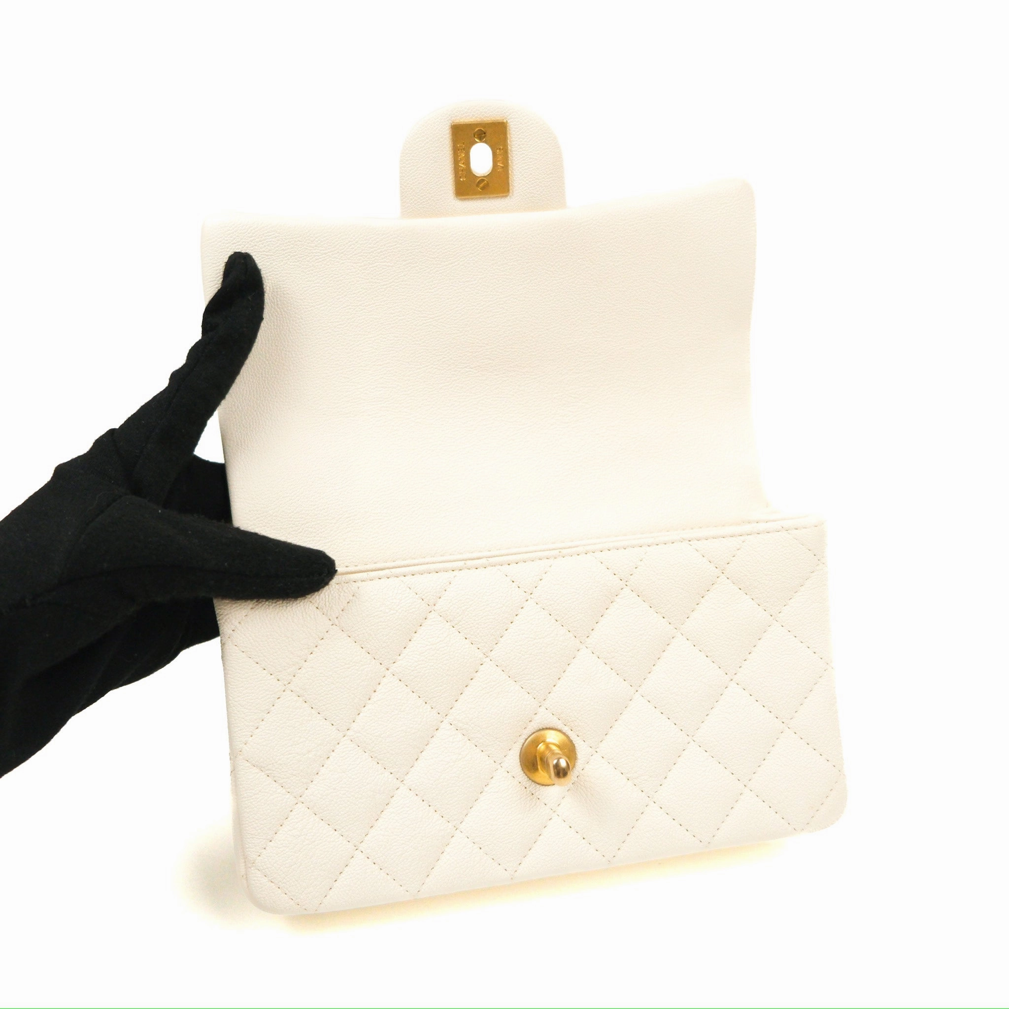 Chanel Top Handle Mini Rectangular Flap Bag White Caviar Gold Hardware