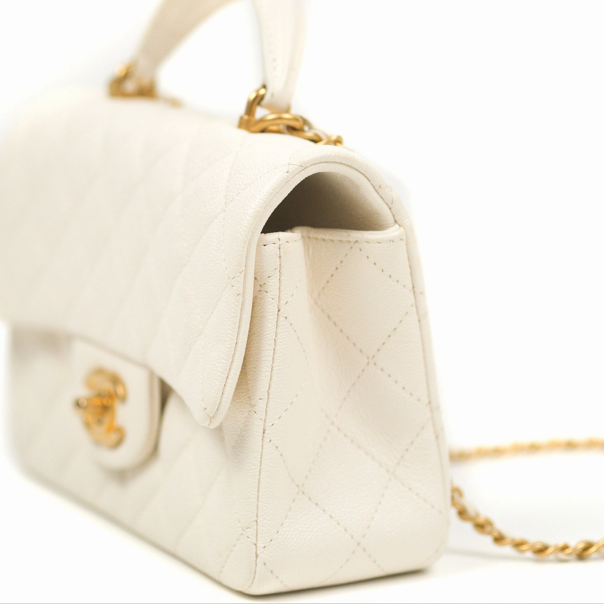 Chanel Top Handle Mini Rectangular Flap Bag White Caviar Gold Hardware