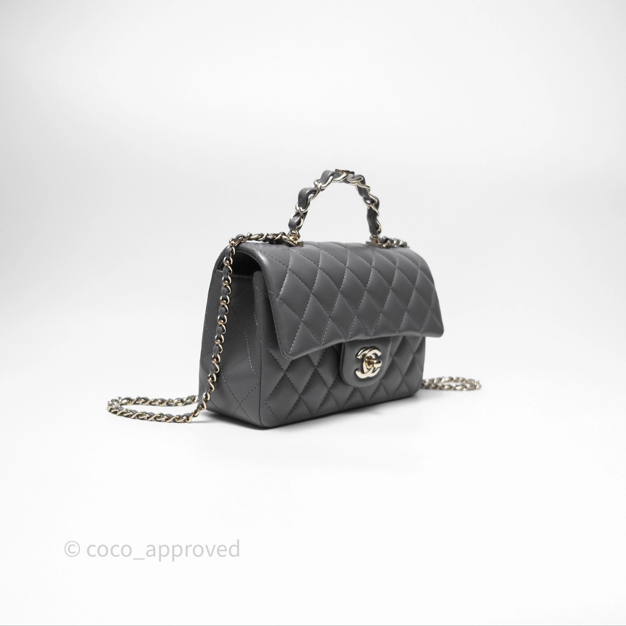 Chanel Top Handle Mini Rectangular Flap Grey Lambskin Gold Hardware