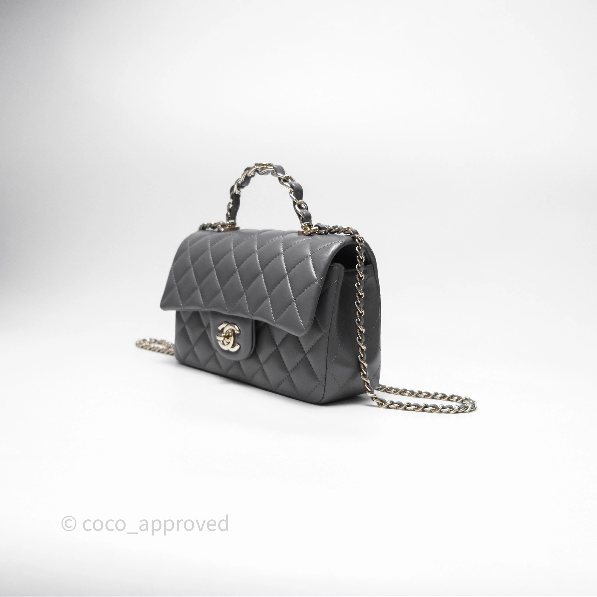 Chanel Top Handle Mini Rectangular Flap Grey Lambskin Gold Hardware