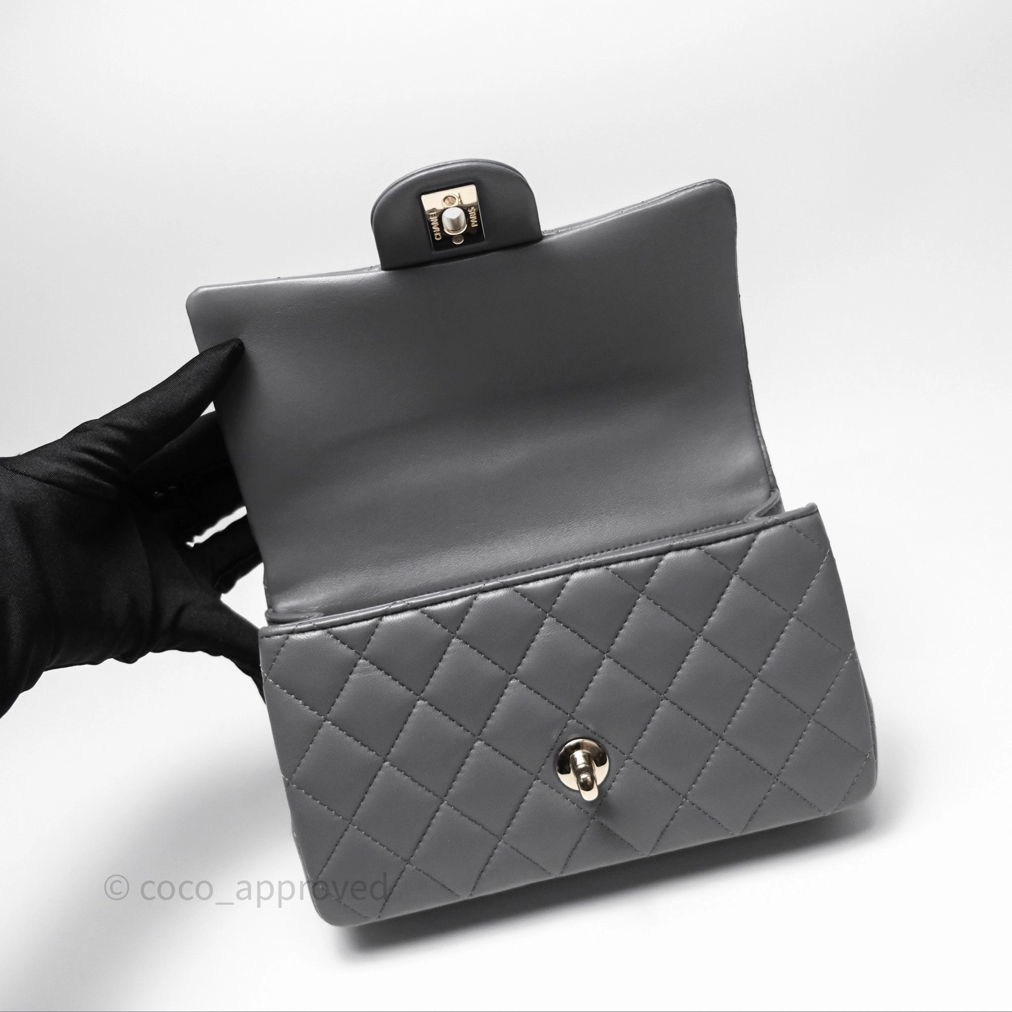 Chanel Top Handle Mini Rectangular Flap Grey Lambskin Gold Hardware