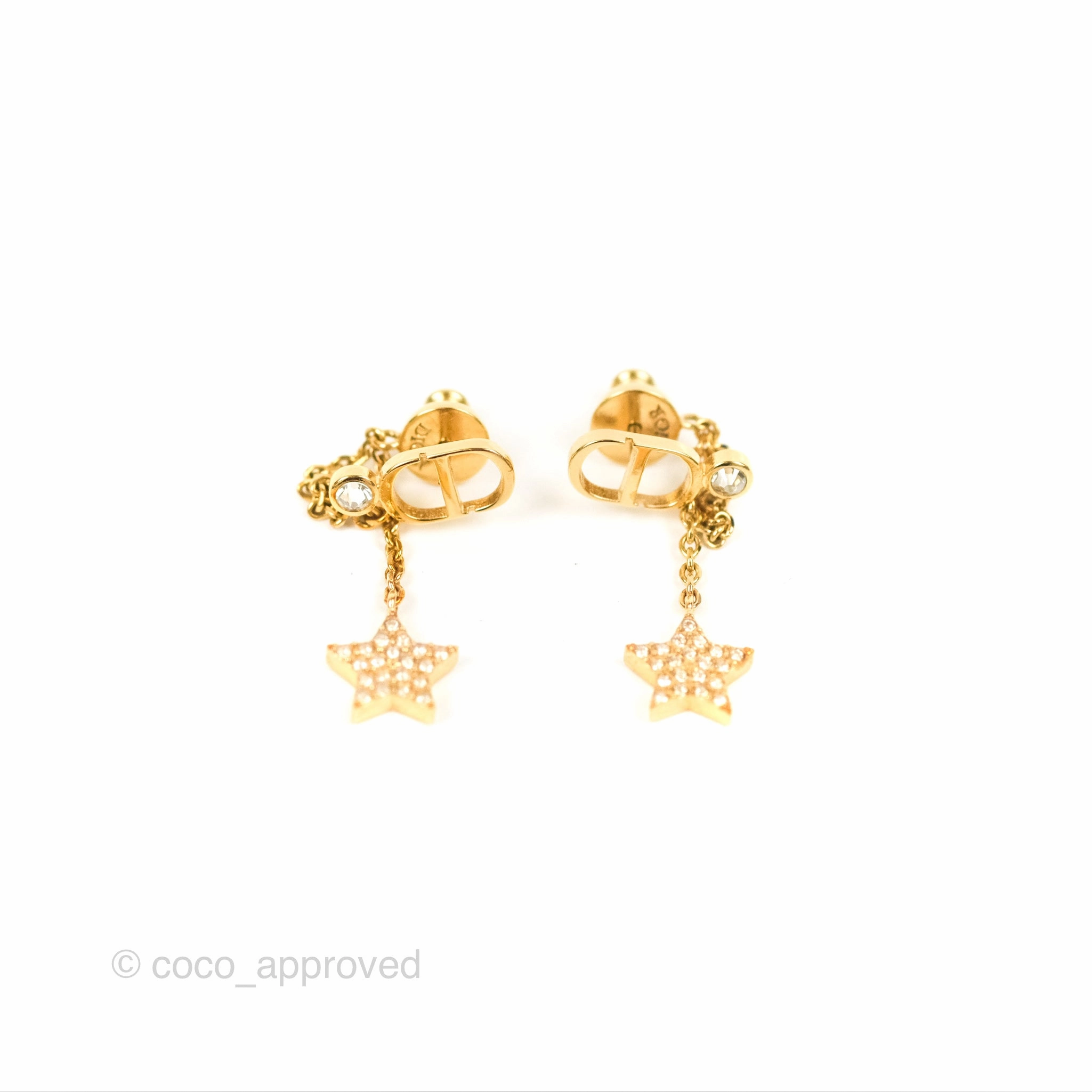Christian Dior CD Crystal Star Chain Drop Earrings Gold Tone