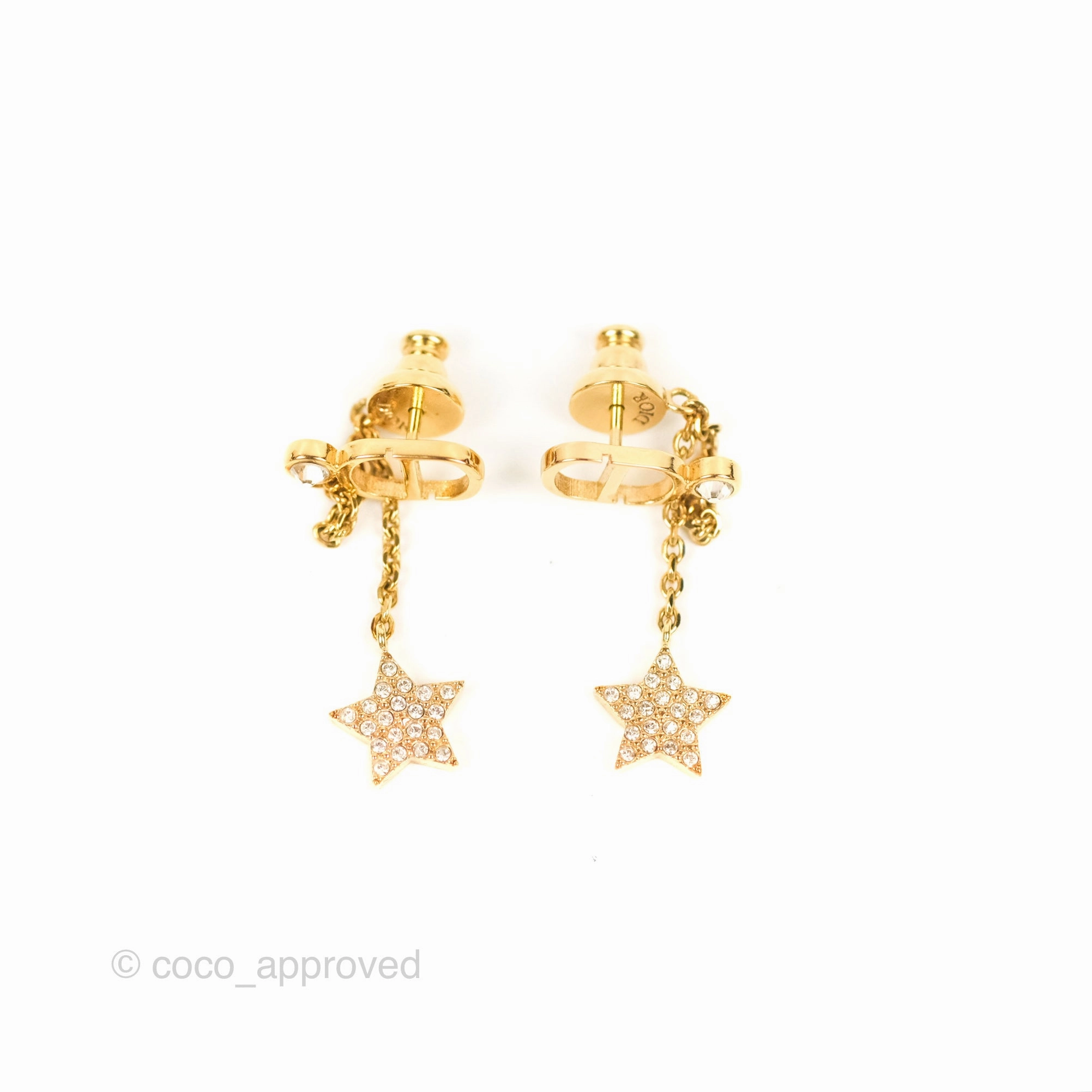 Christian Dior CD Crystal Star Chain Drop Earrings Gold Tone