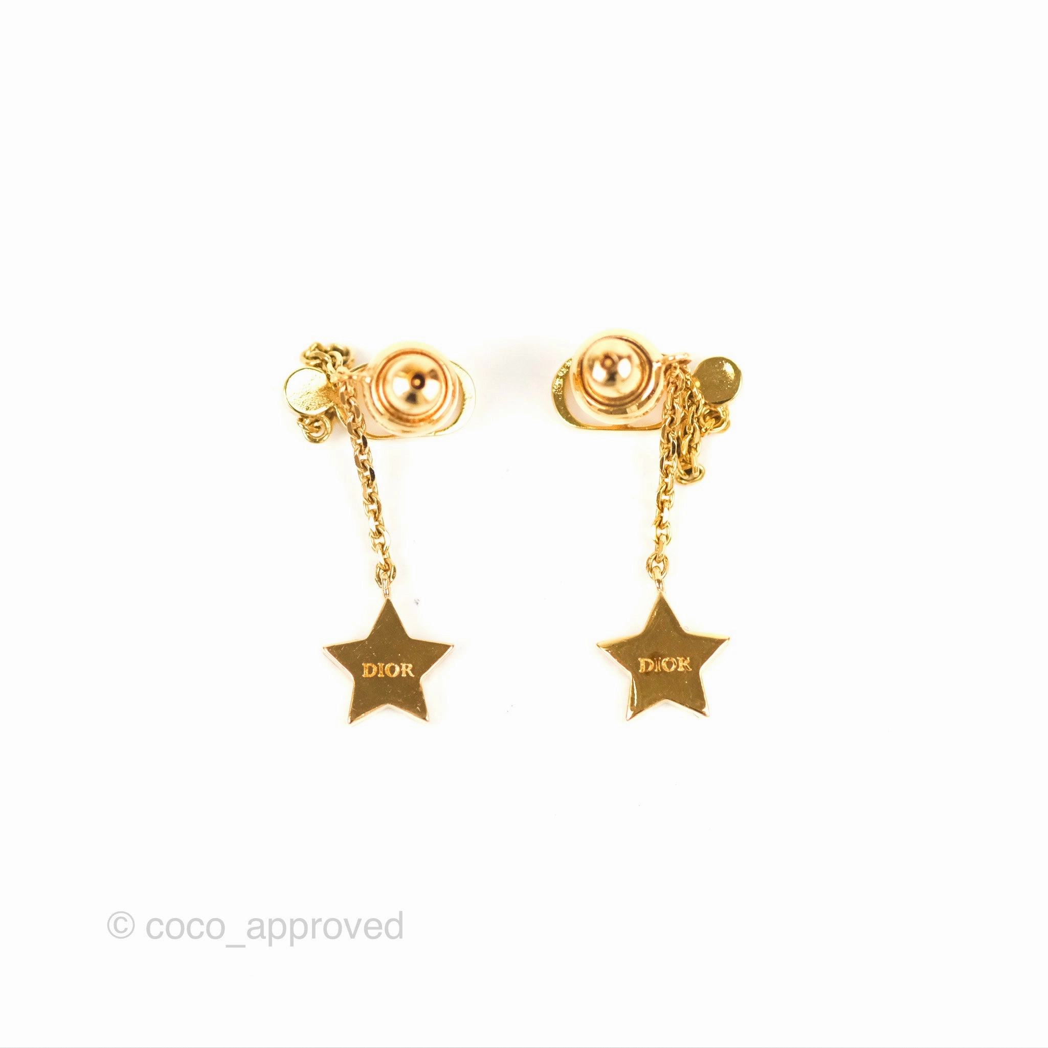 Christian Dior CD Crystal Star Chain Drop Earrings Gold Tone