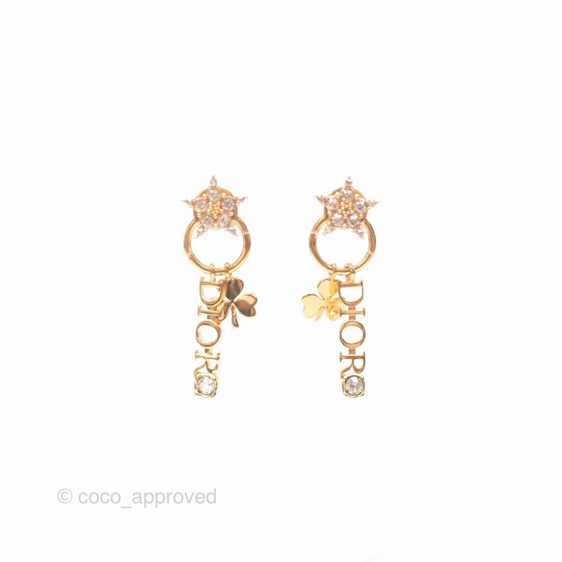 Christian Dior Crystal Star Drop Clover Earrings Gold Tone