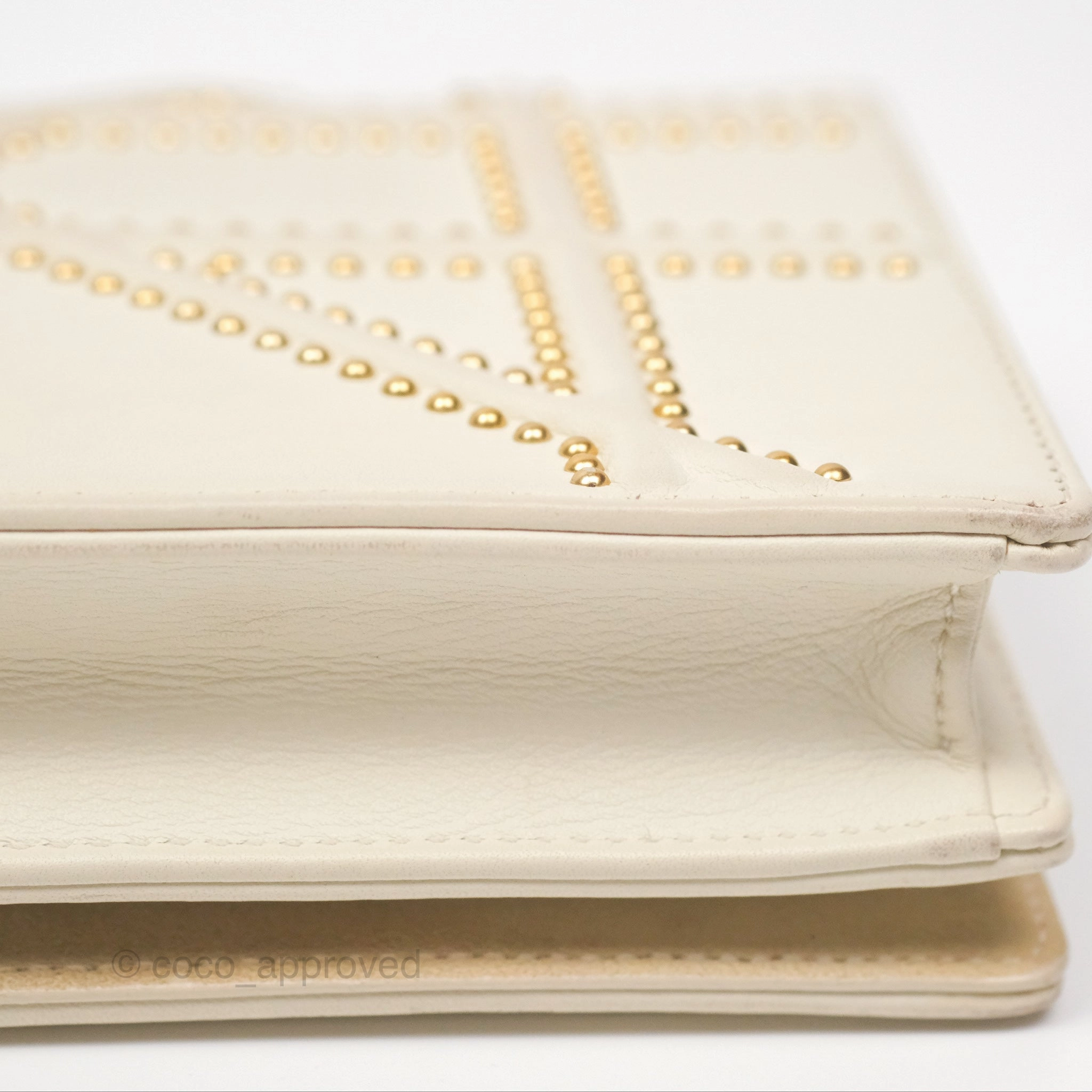 Christian Dior Diorama Wallet on Chain in White Calfskin Studded Gold