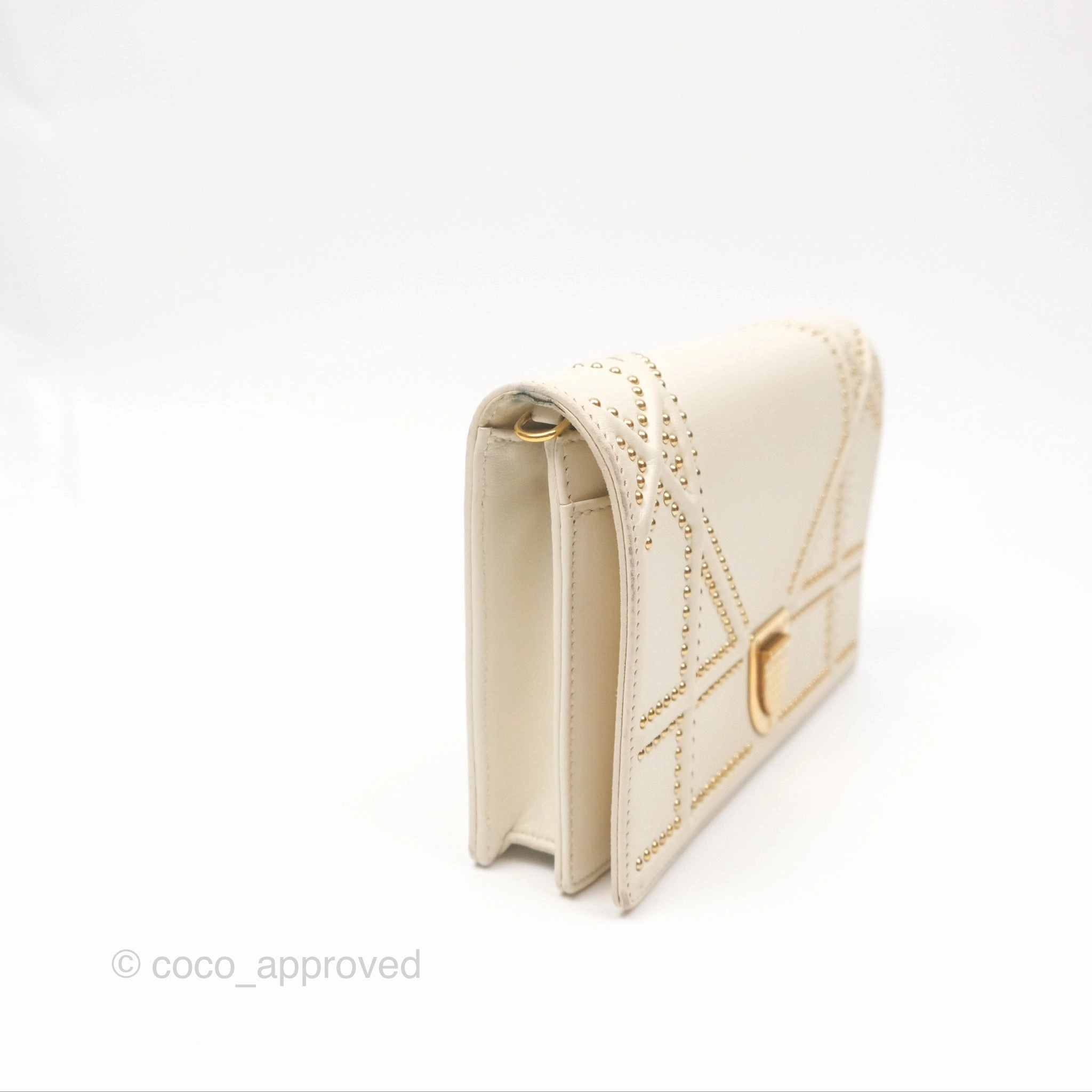 Christian Dior Diorama Wallet on Chain in White Calfskin Studded Gold