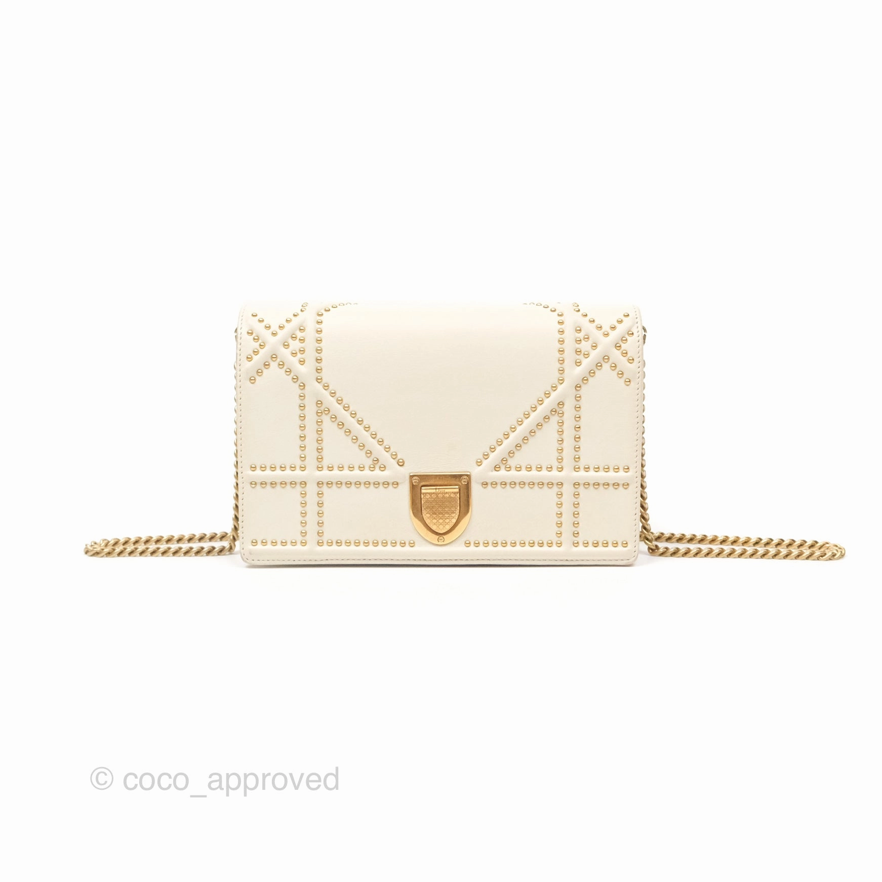 Christian Dior Diorama Wallet on Chain in White Calfskin Studded Gold