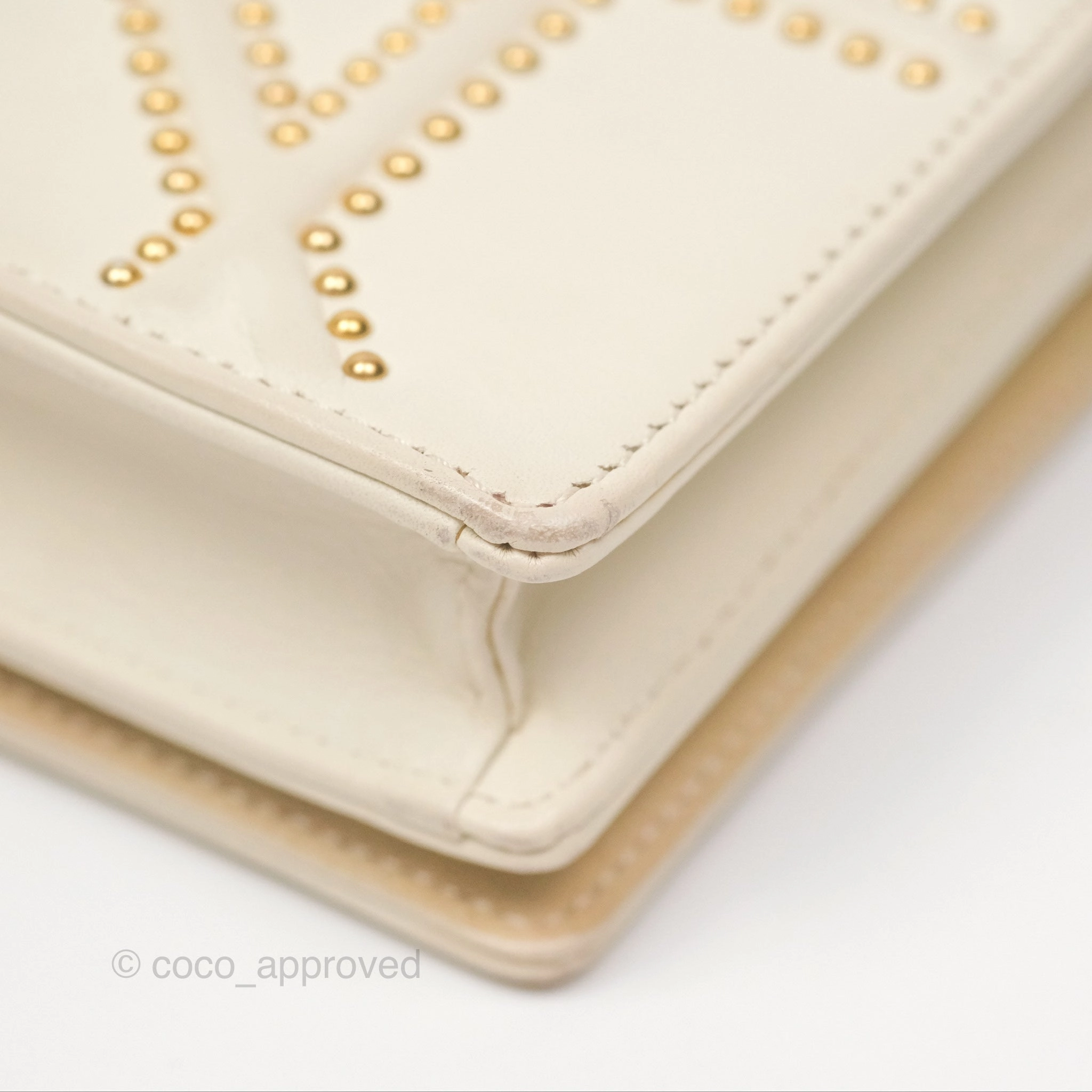 Christian Dior Diorama Wallet on Chain in White Calfskin Studded Gold