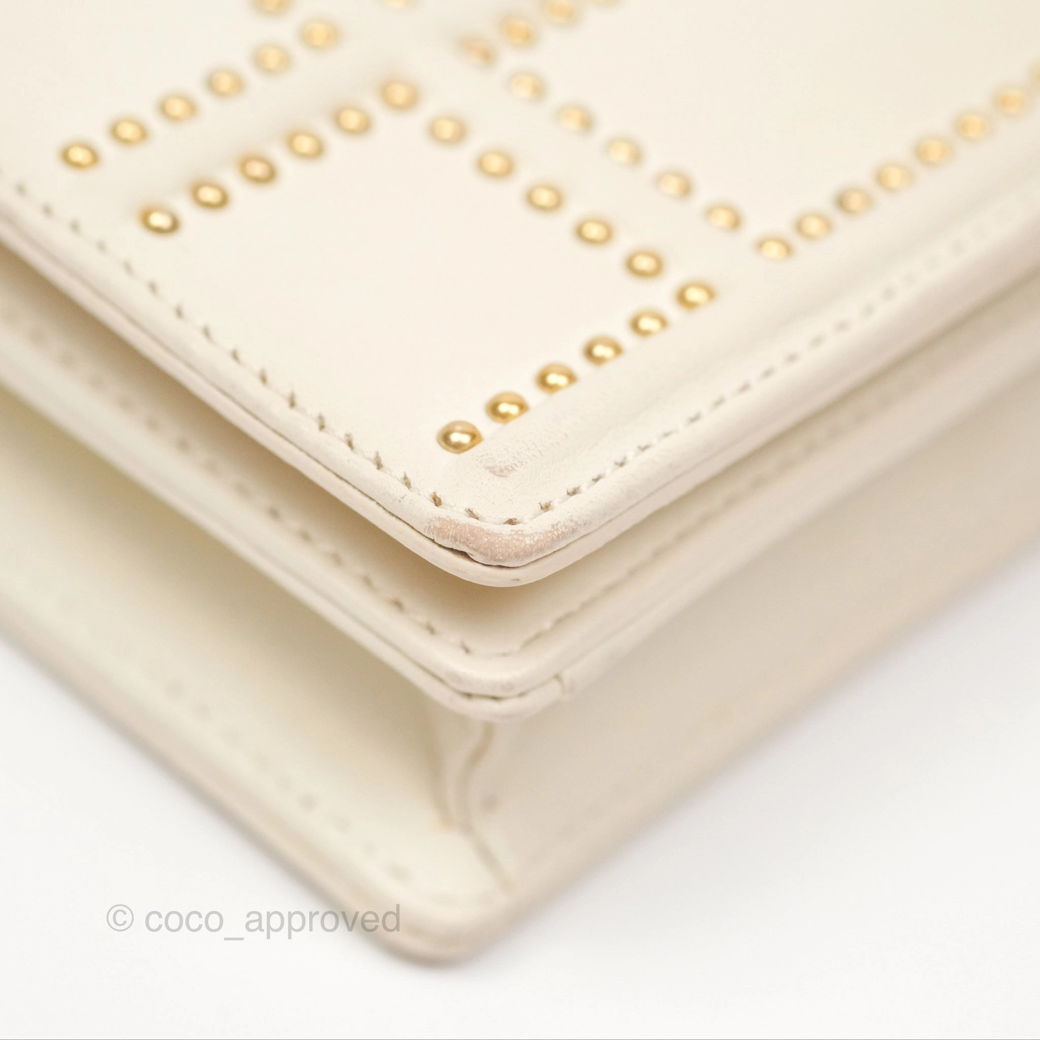 Christian Dior Diorama Wallet on Chain in White Calfskin Studded Gold