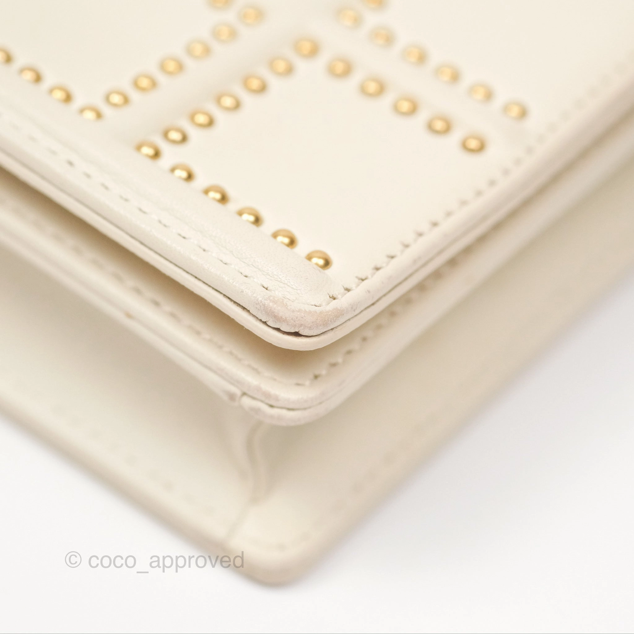 Christian Dior Diorama Wallet on Chain in White Calfskin Studded Gold