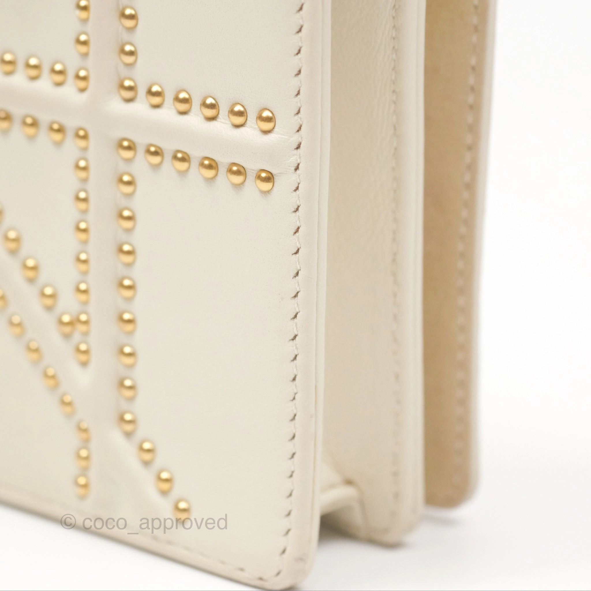 Christian Dior Diorama Wallet on Chain in White Calfskin Studded Gold