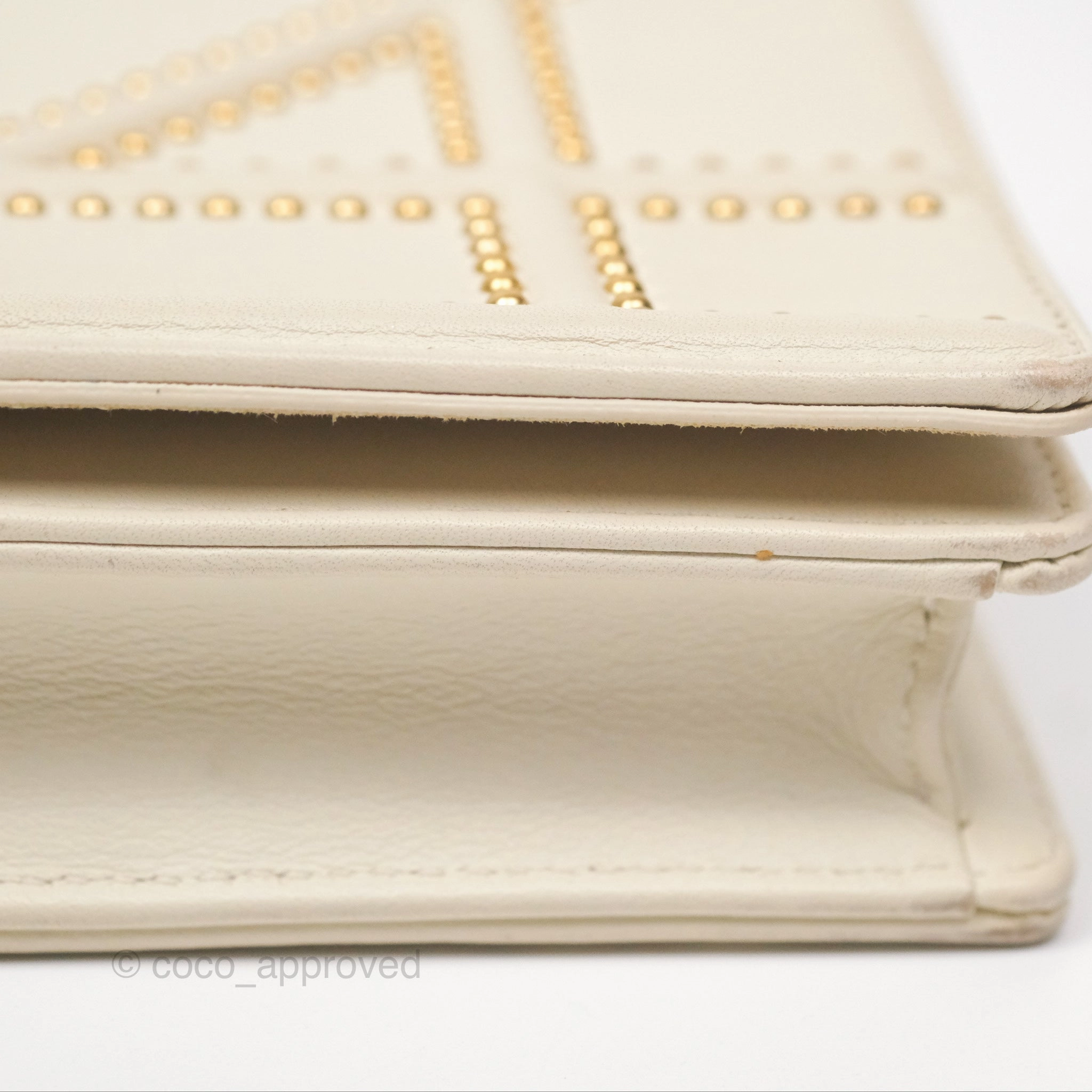 Christian Dior Diorama Wallet on Chain in White Calfskin Studded Gold