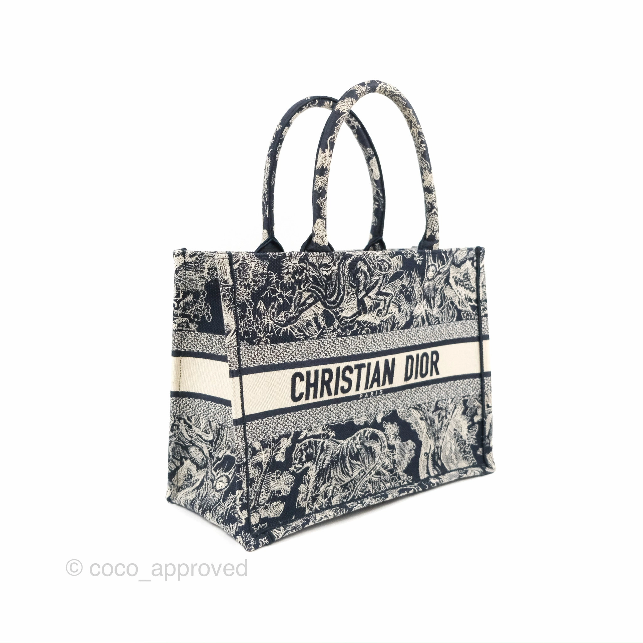 Christian Dior Embroidered Toile De Jouy Small Canvas Book Tote Navy