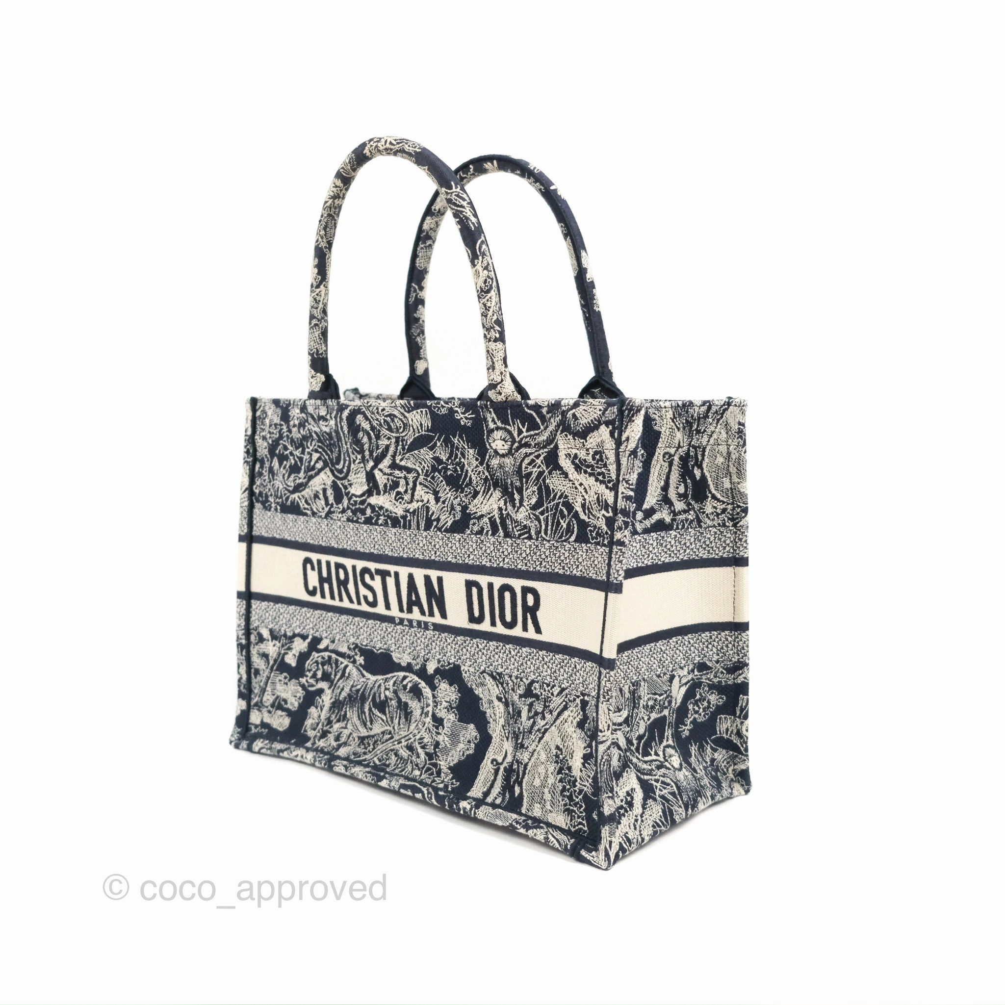 Christian Dior Embroidered Toile De Jouy Small Canvas Book Tote Navy