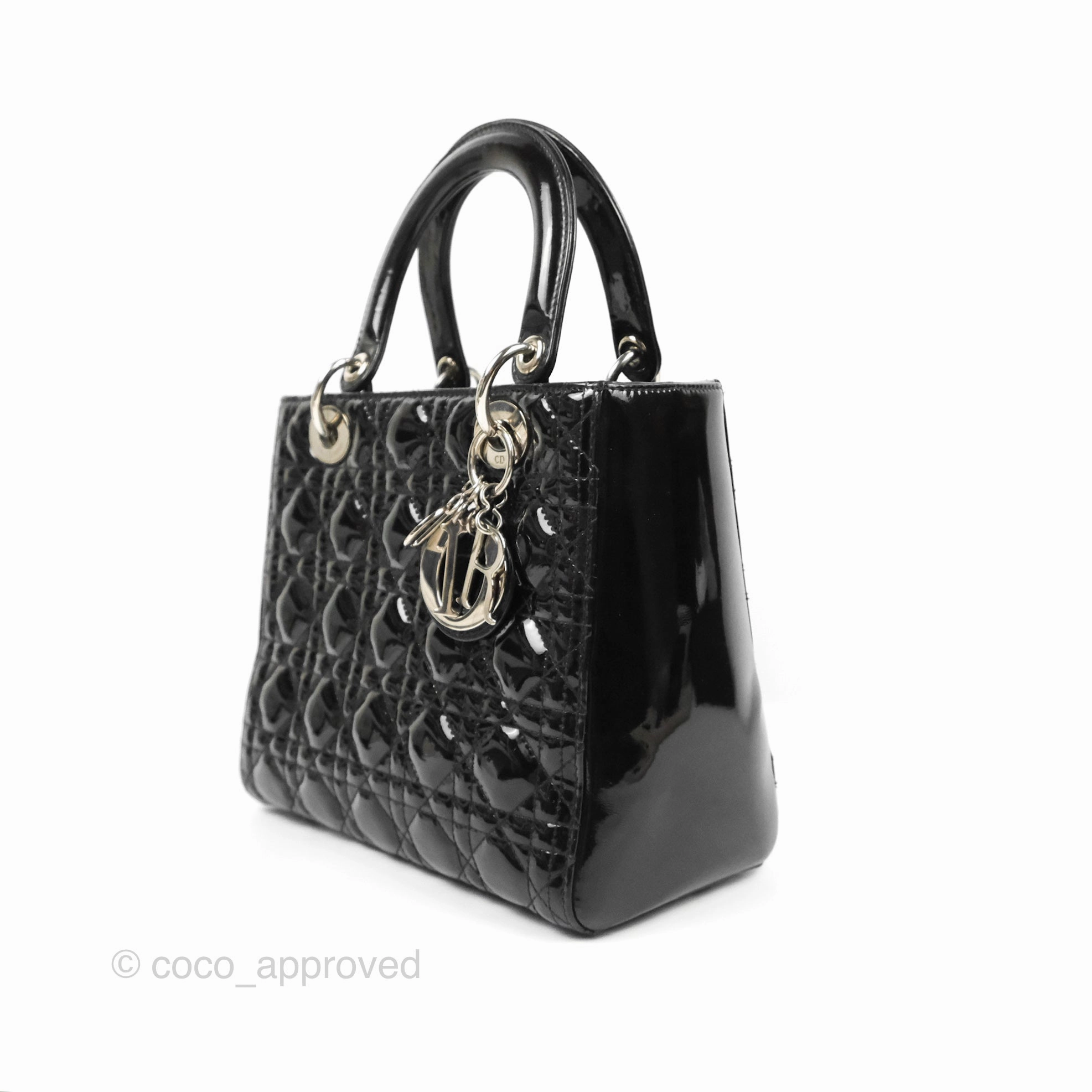 Christian Dior Medium Lady Dior Black Patent Silver Hardware
