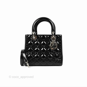 Christian Dior Medium Lady Dior Black Patent Silver Hardware