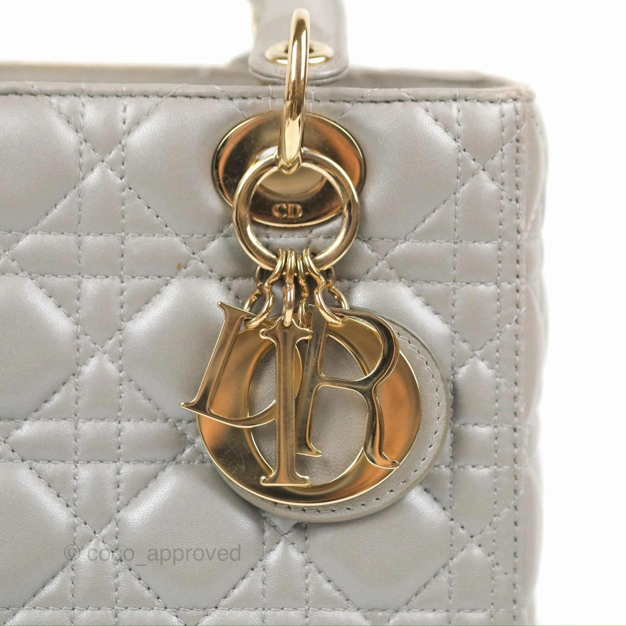 Christian Dior Medium Lady Dior Grey Lambskin Gold Hardware Fox Charm