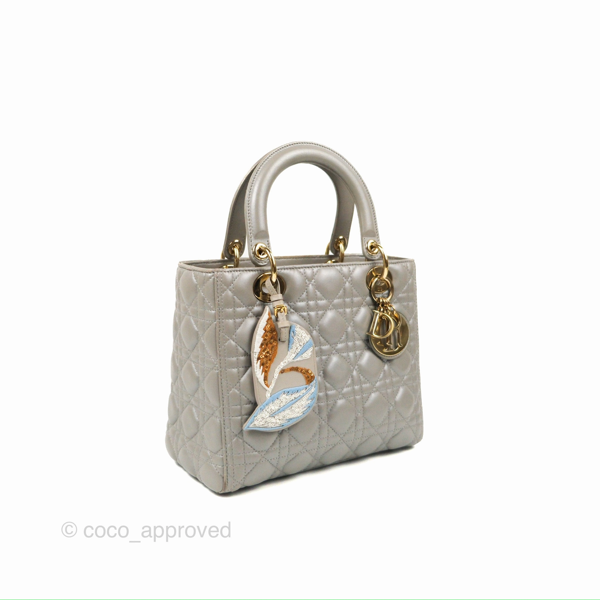 Christian Dior Medium Lady Dior Grey Lambskin Gold Hardware Fox Charm