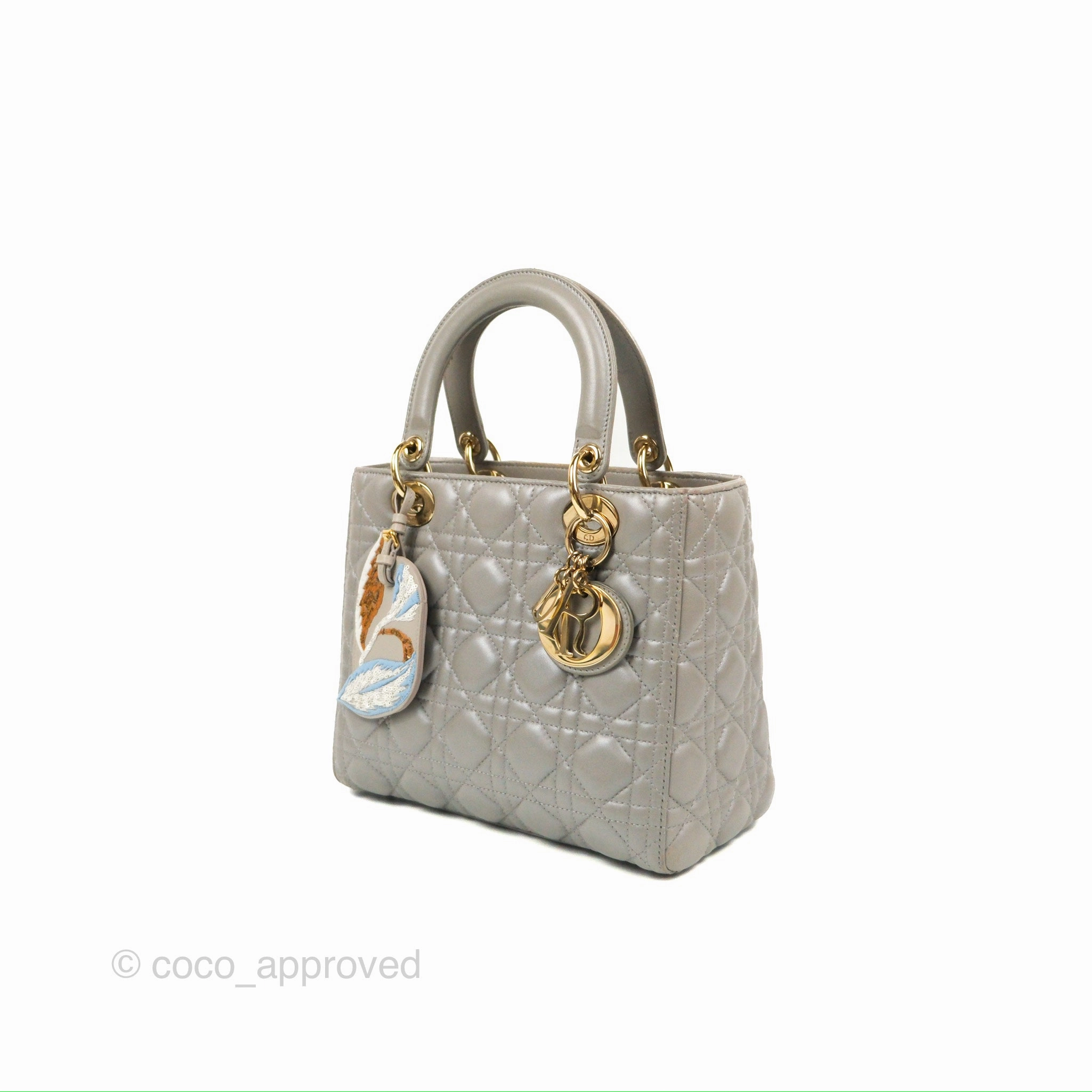 Christian Dior Medium Lady Dior Grey Lambskin Gold Hardware Fox Charm