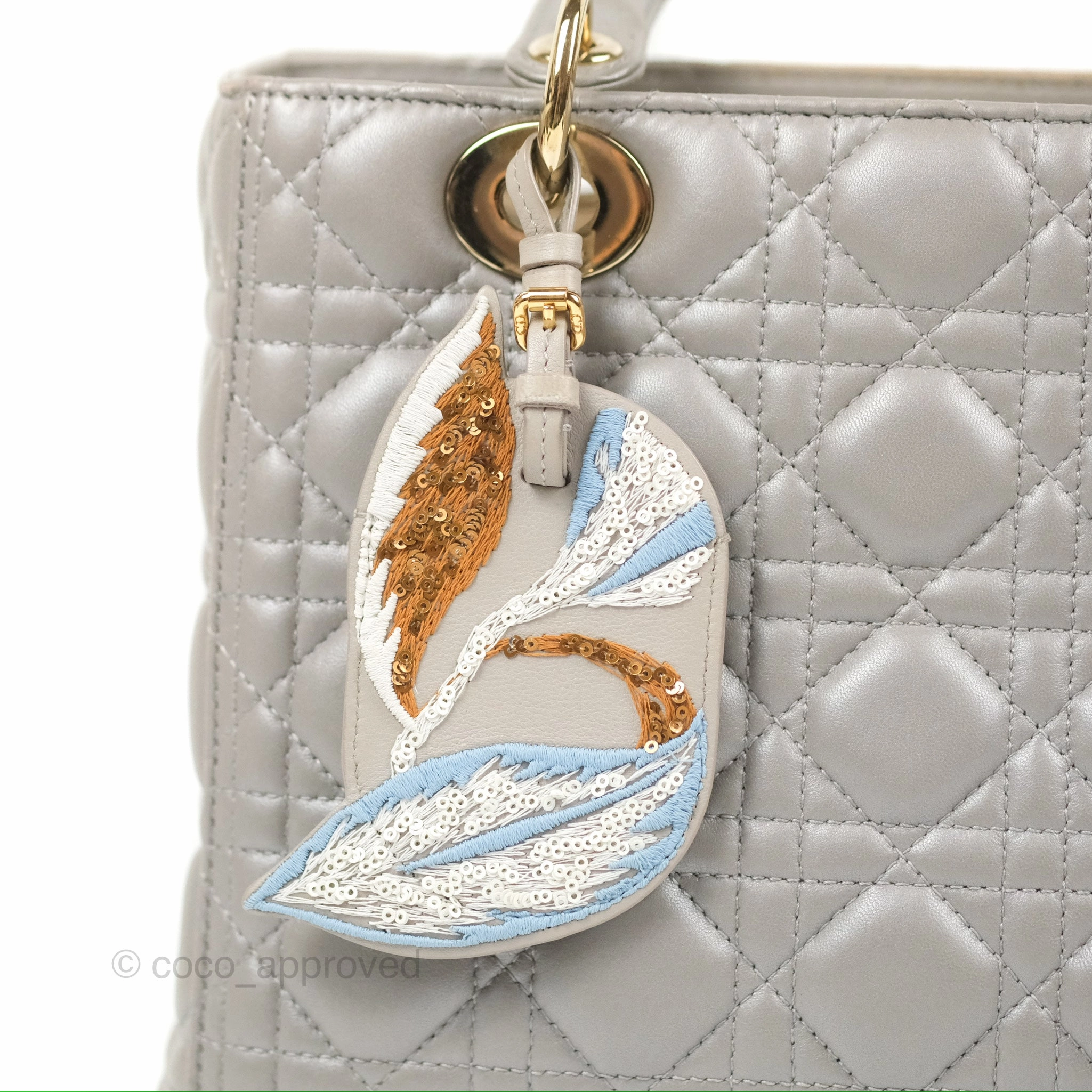 Christian Dior Medium Lady Dior Grey Lambskin Gold Hardware Fox Charm