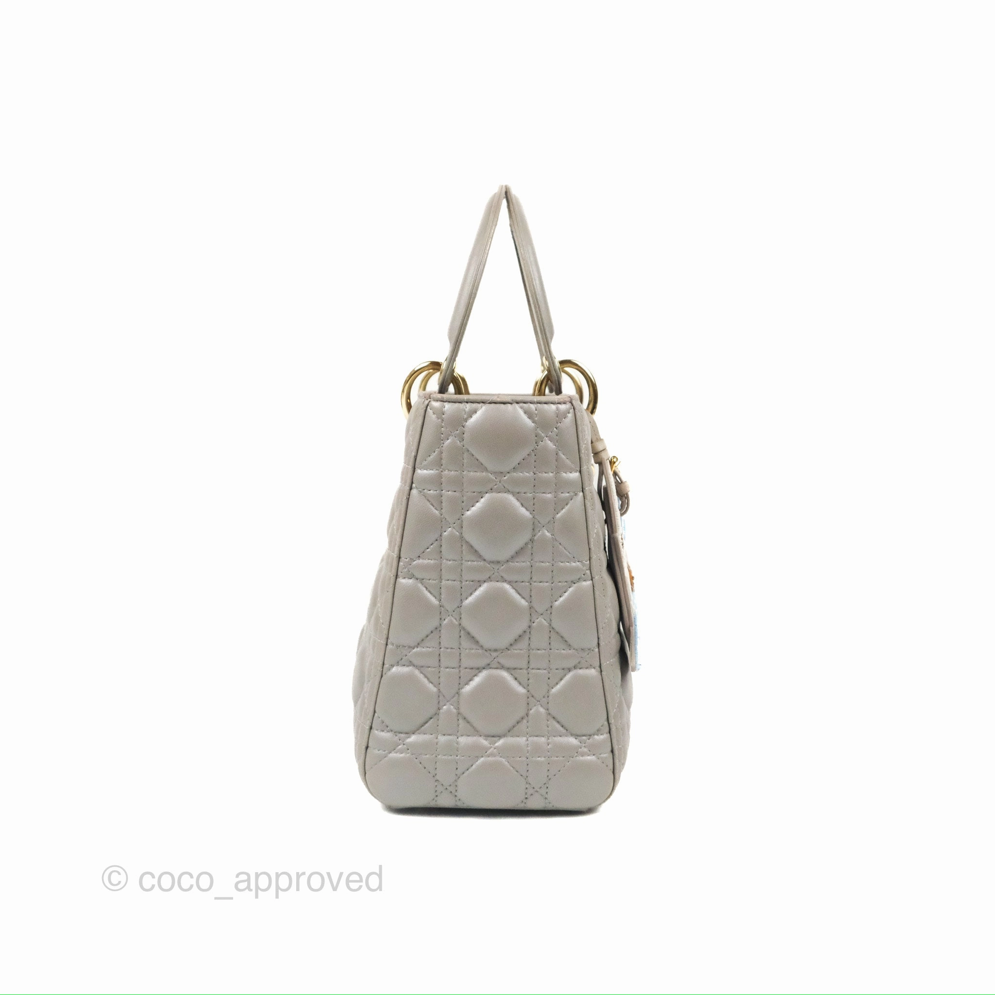 Christian Dior Medium Lady Dior Grey Lambskin Gold Hardware Fox Charm