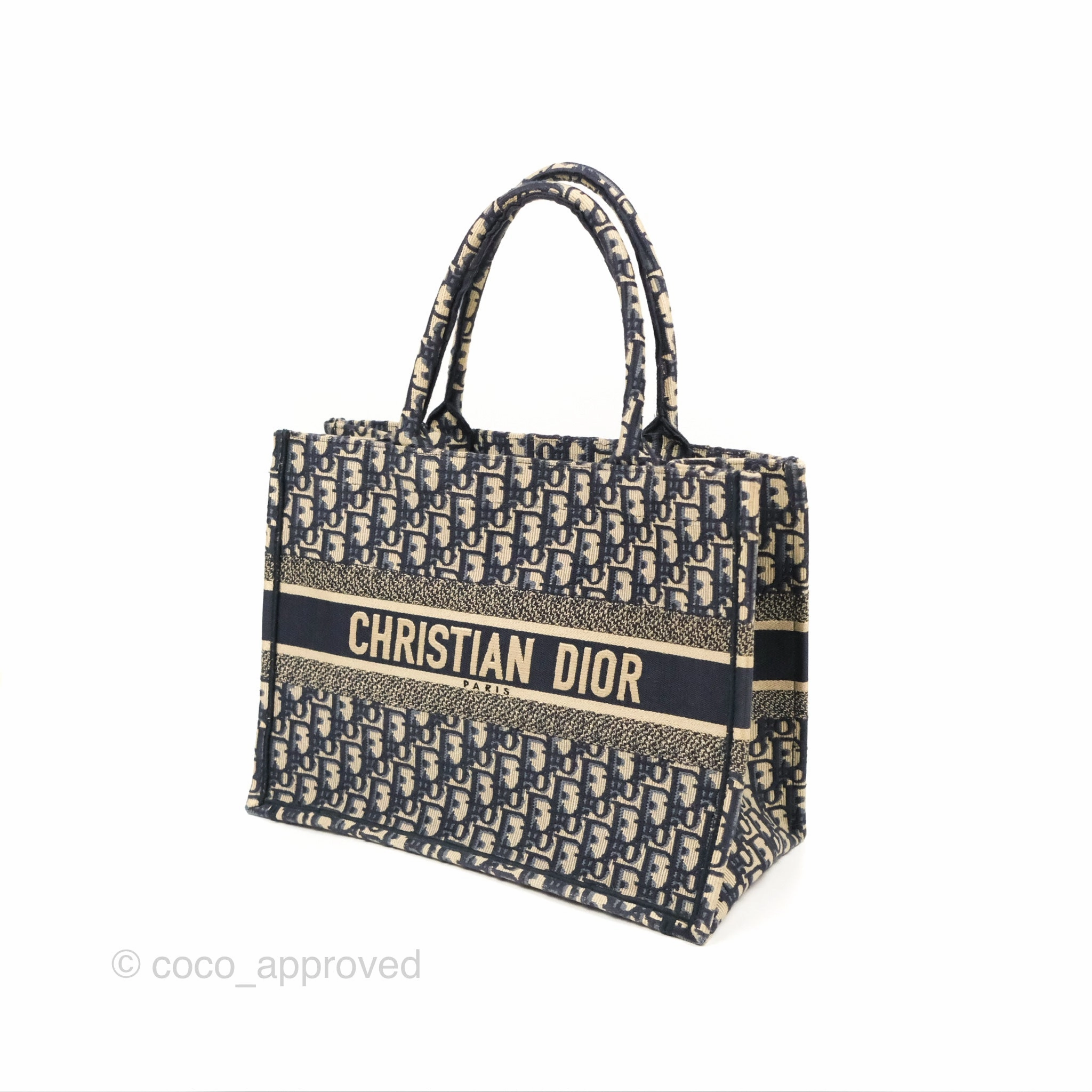 Christian Dior Medium (Old Small) Dior Navy Oblique Embroidery Canvas Book Tote