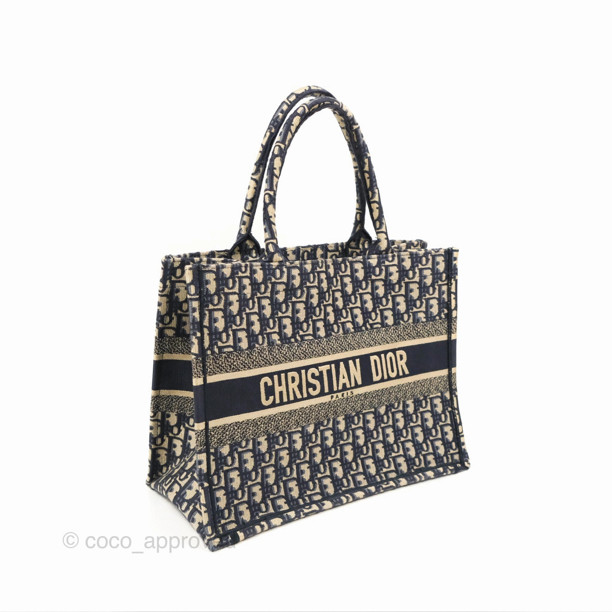 Christian Dior Medium (Old Small) Dior Navy Oblique Embroidery Canvas Book Tote